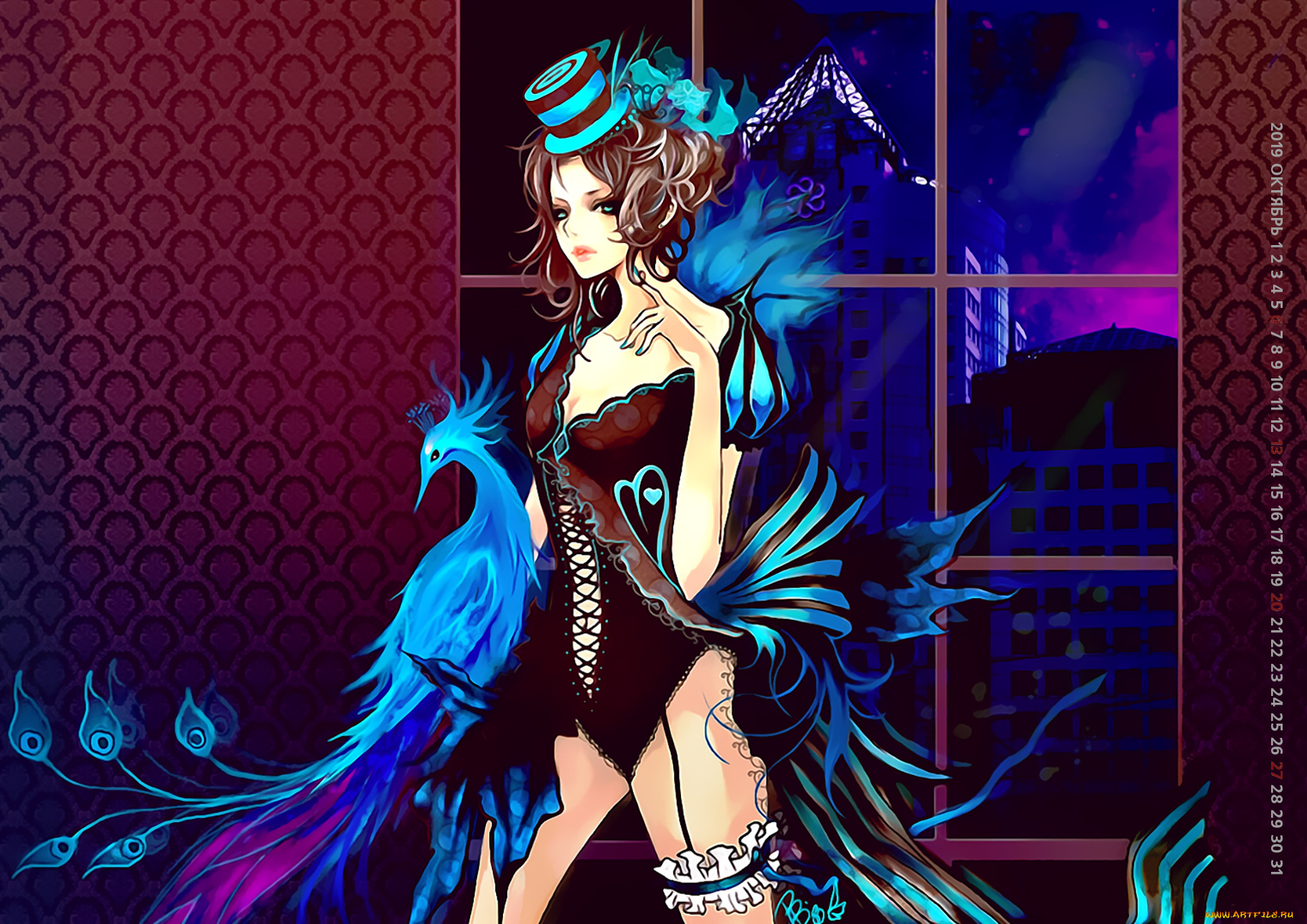 календари, фэнтези, женщина, девушка, 2019, calendar, птица, шляпа