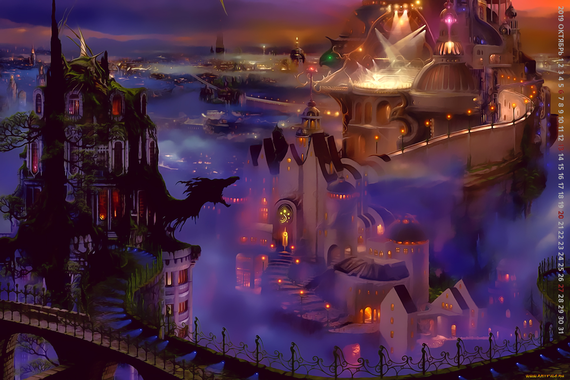 календари, фэнтези, 2019, calendar, постройка, здание, ночь, город