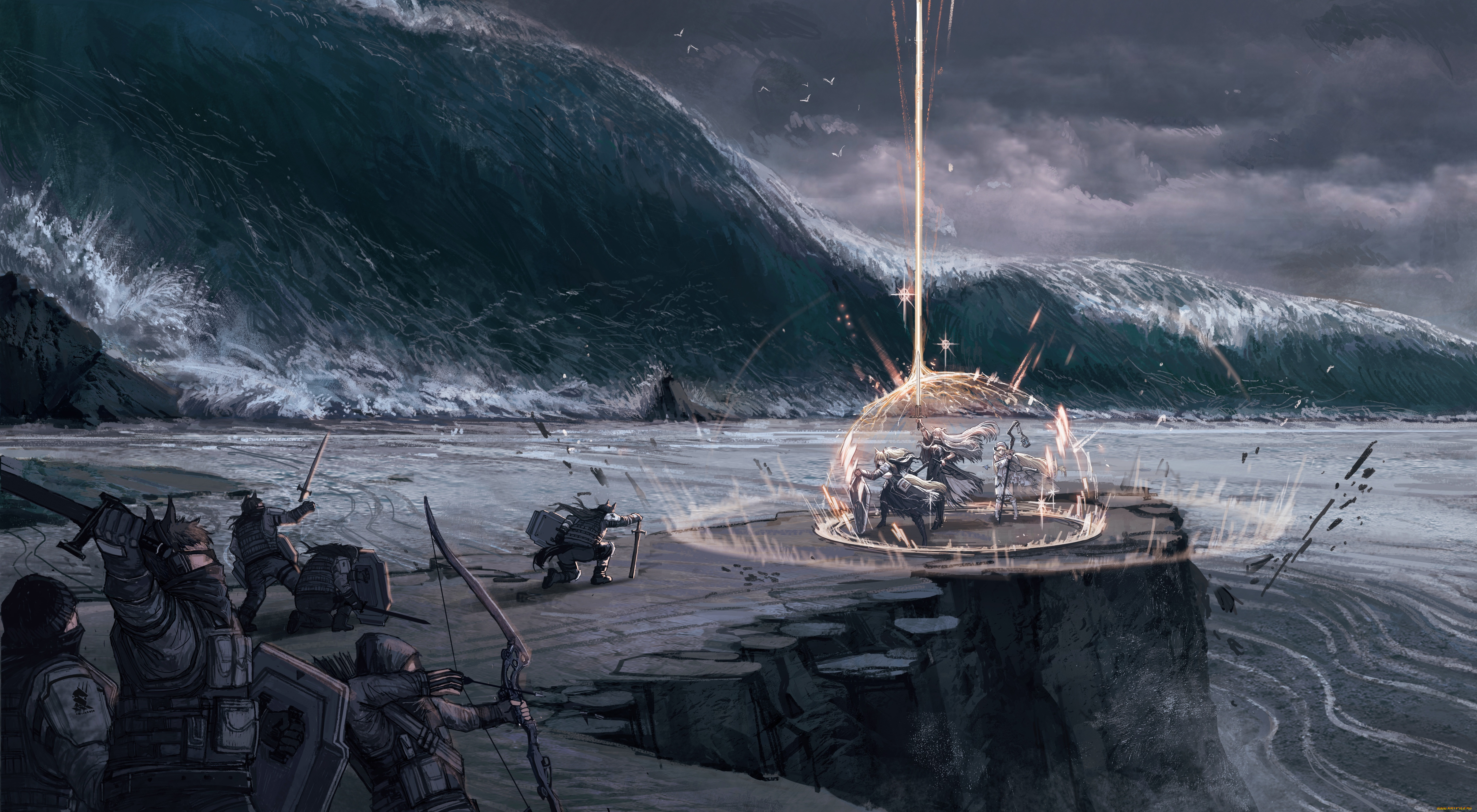 аниме, arknights, буря, магия, барьер, девушки, скалы, море