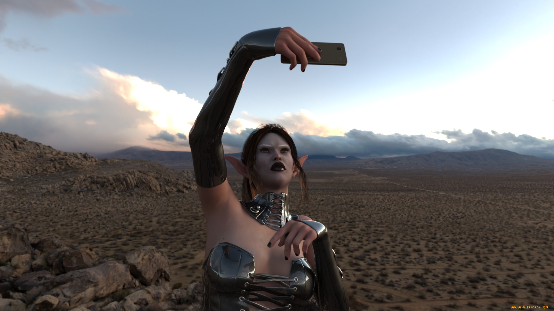 3д, графика, эльфы, , elves, дроу, перчатки, телефон, пустыня