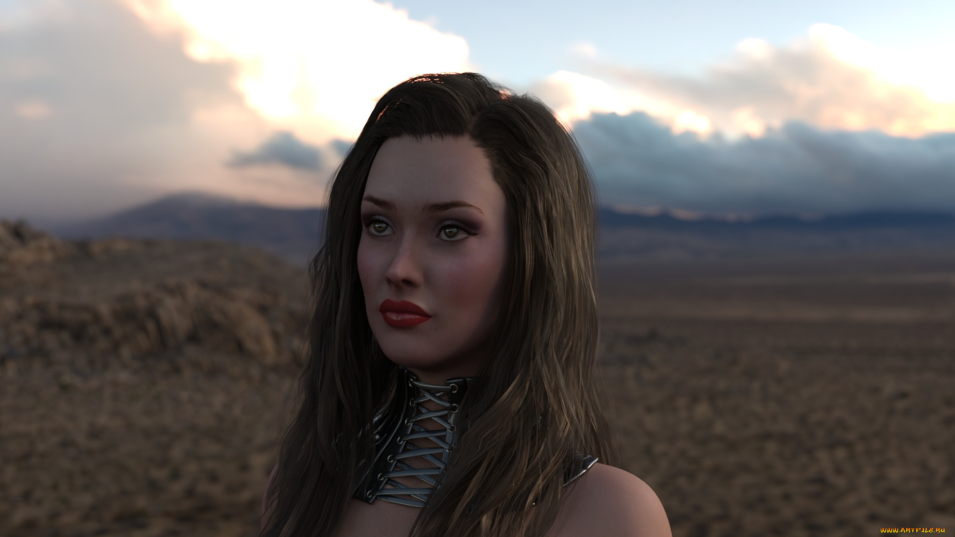 3д, графика, портрет, , portraits, девушка, лицо, ошейник, пустыня