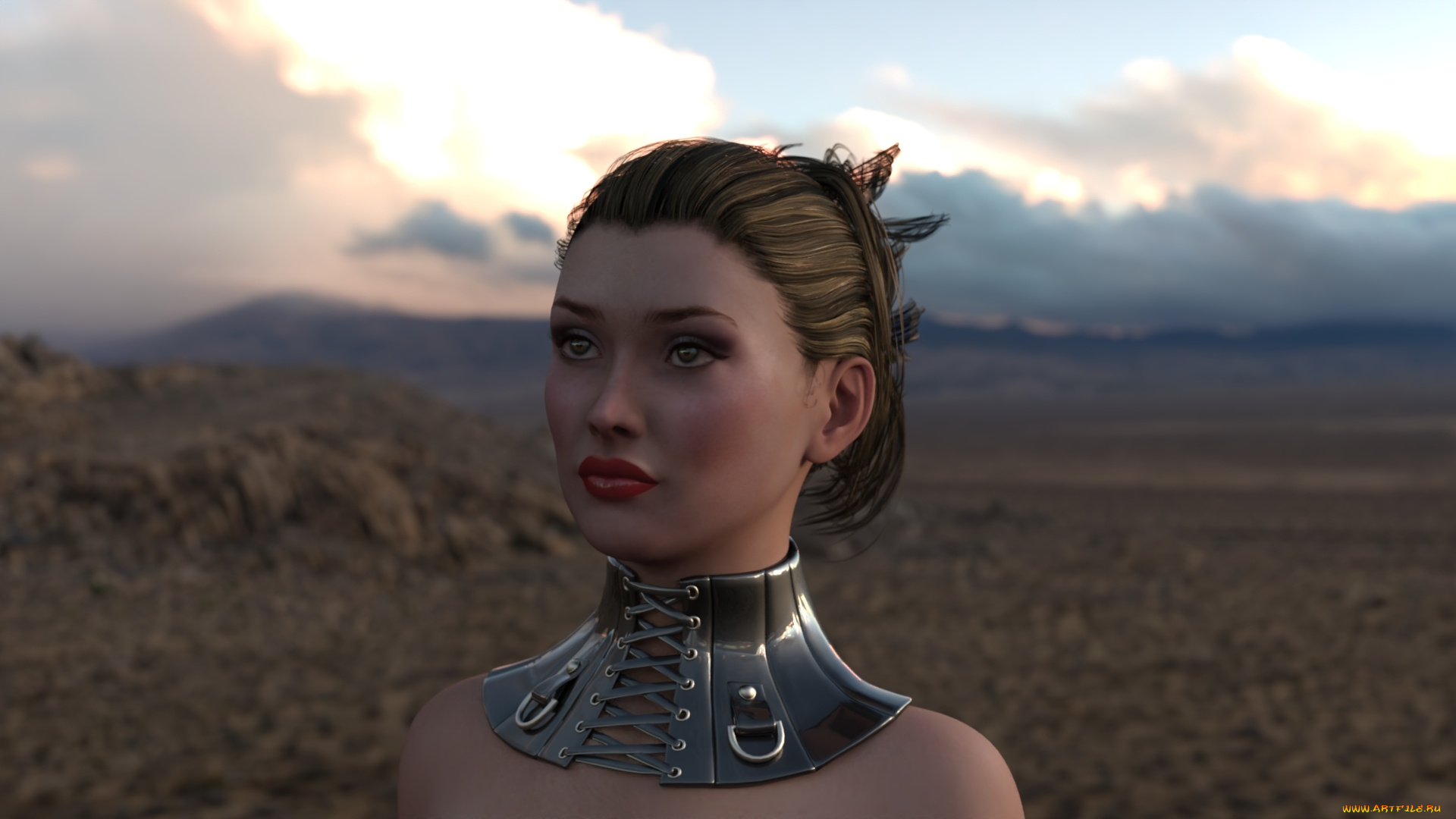 3д, графика, портрет, , portraits, девушка, лицо, ошейник, пустыня