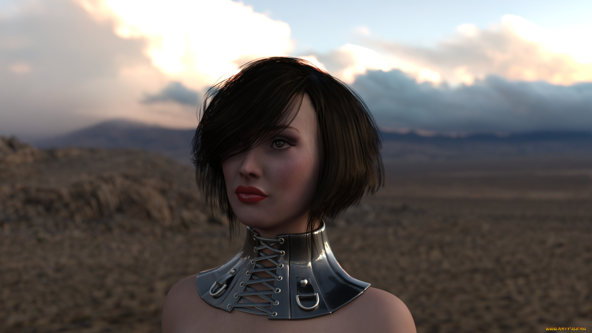 3д, графика, портрет, , portraits, девушка, лицо, ошейник, пустыня