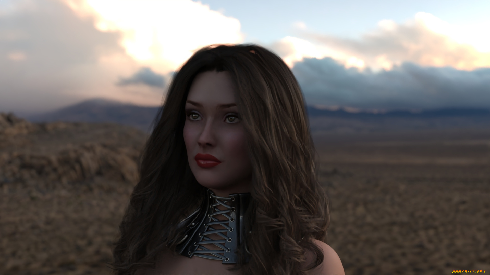 3д, графика, портрет, , portraits, девушка, лицо, ошейник, пустыня