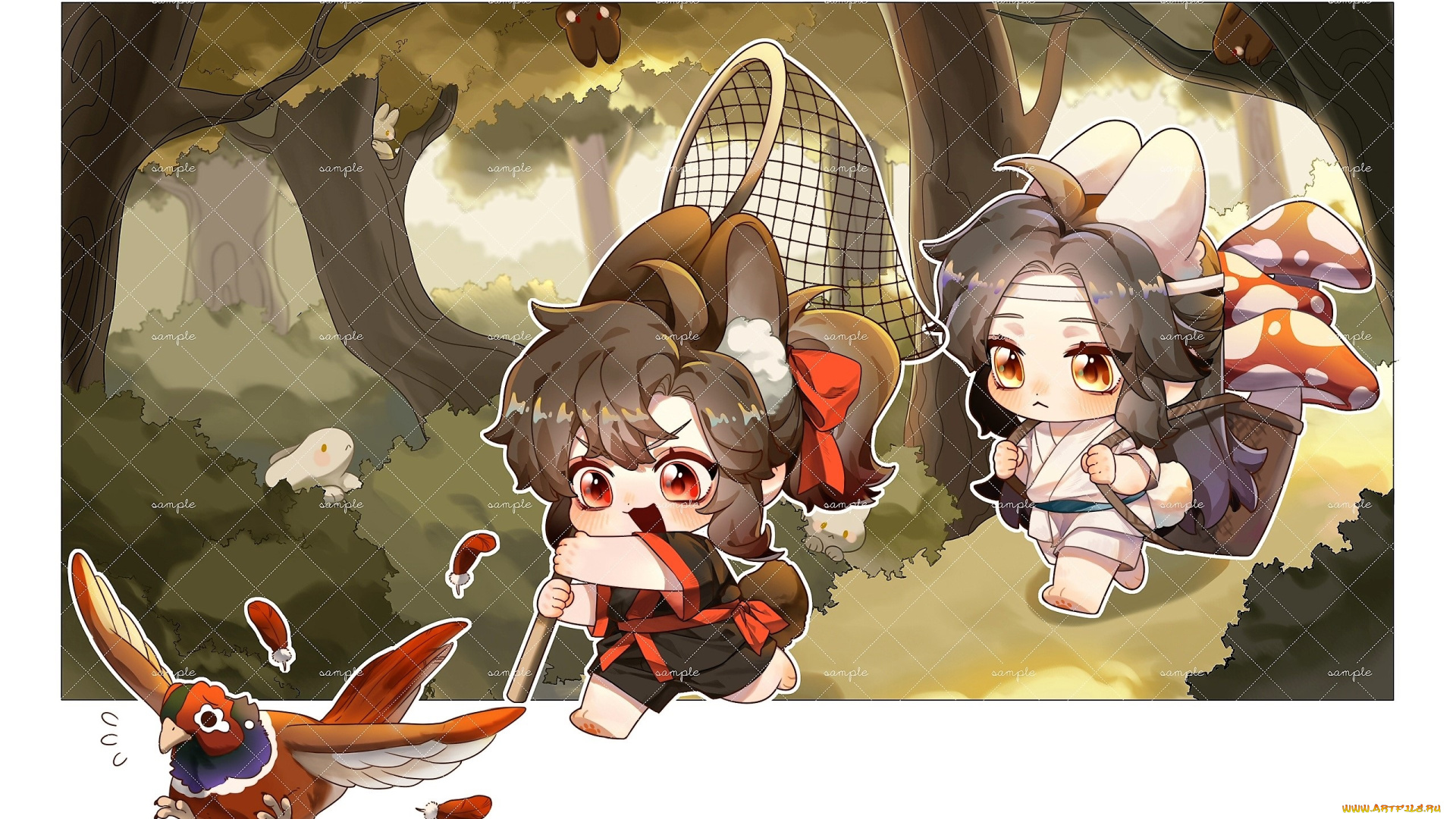 аниме, mo, dao, zu, shi, вэй, усянь, лань, ванцзы, кролики, фазан, сачок