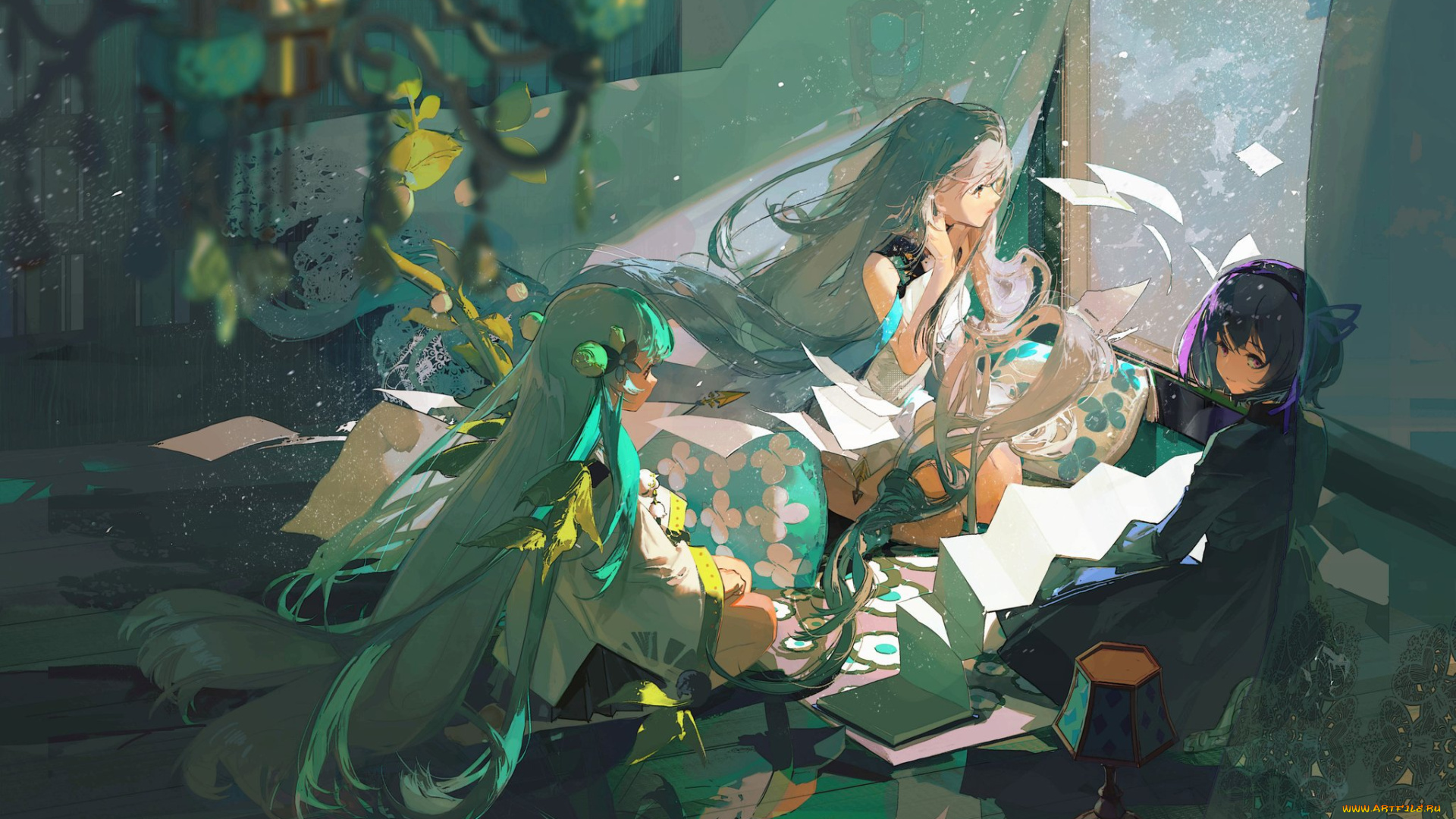 аниме, unknown, , другое, , девочки, ветер, окно, бумаги