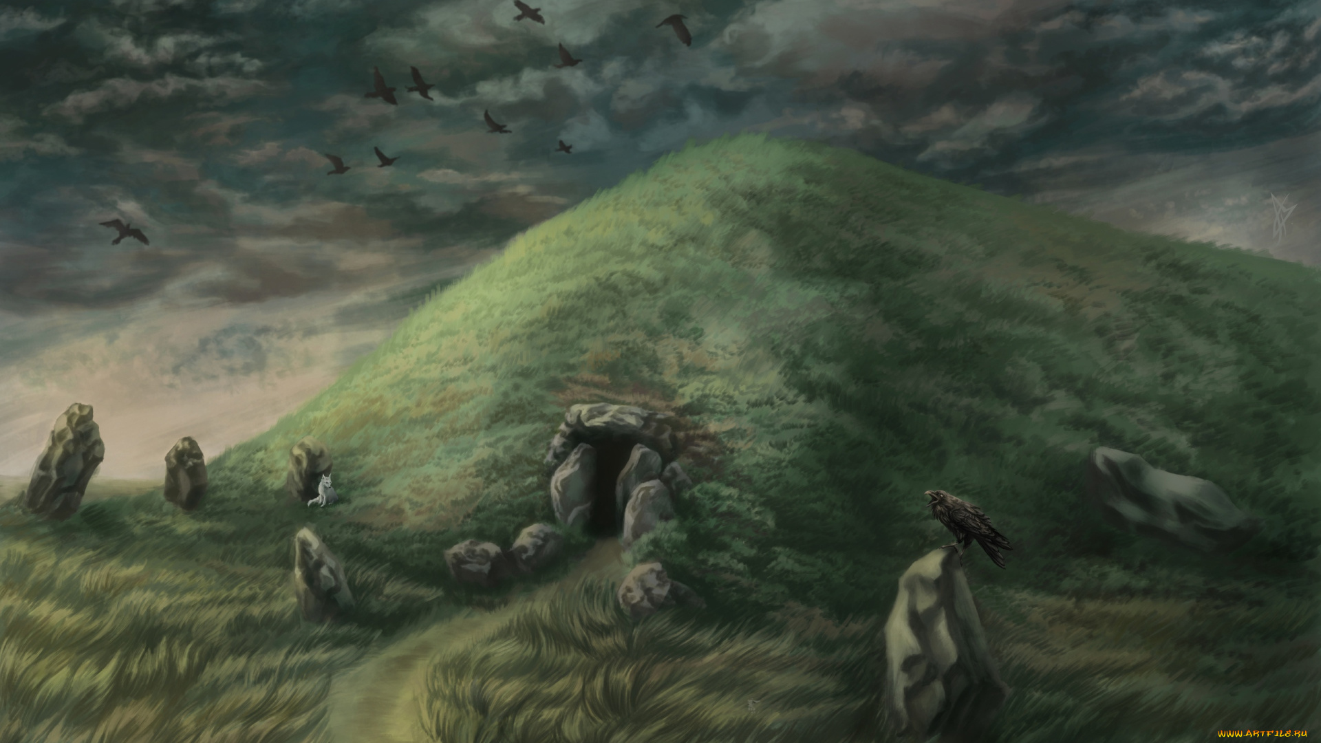 фэнтези, иные, миры, , иные, времена, курган, тропа, трава, камни, птицы, тучи