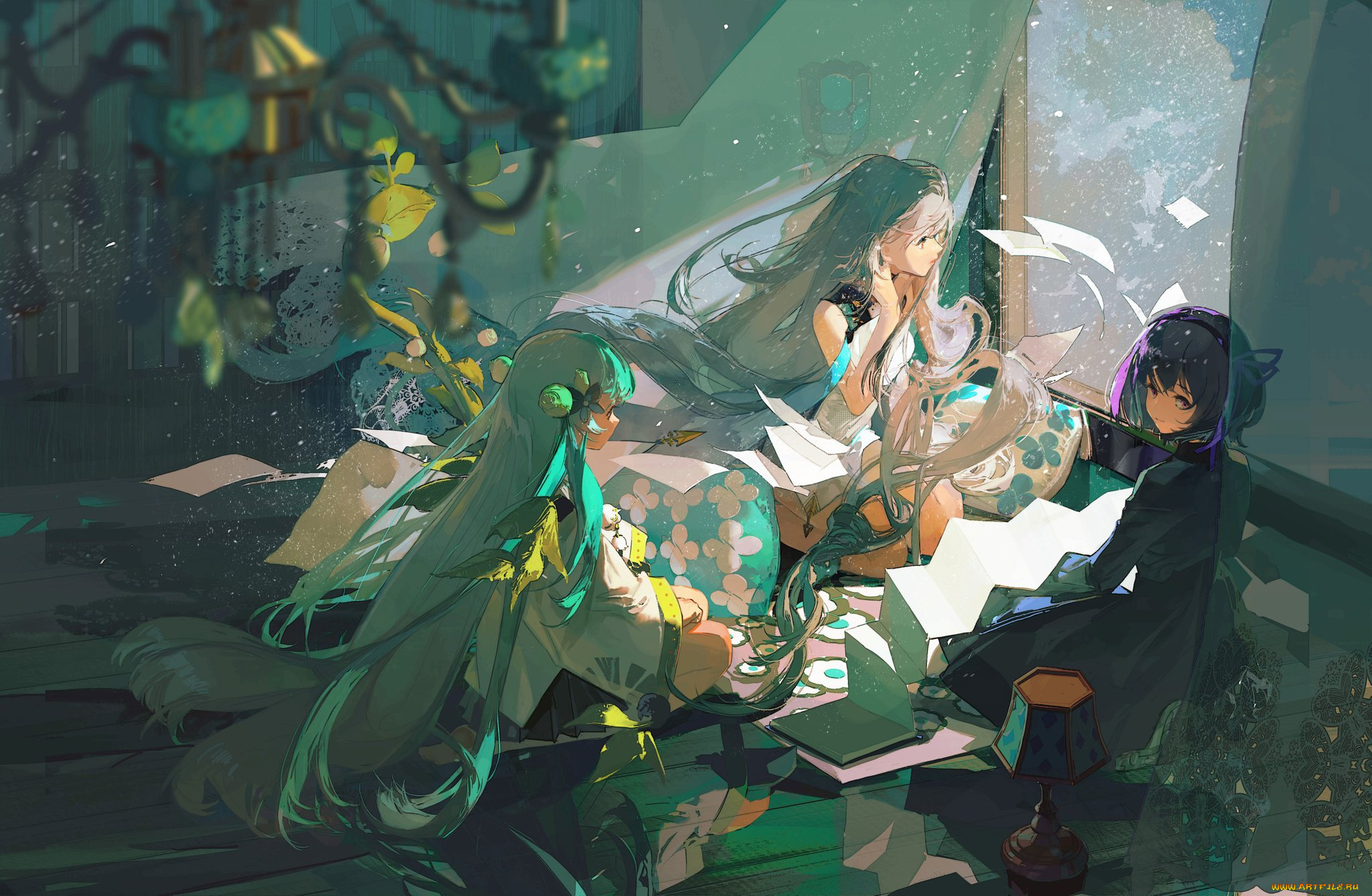 аниме, unknown, , другое, , девочки, ветер, окно, бумаги