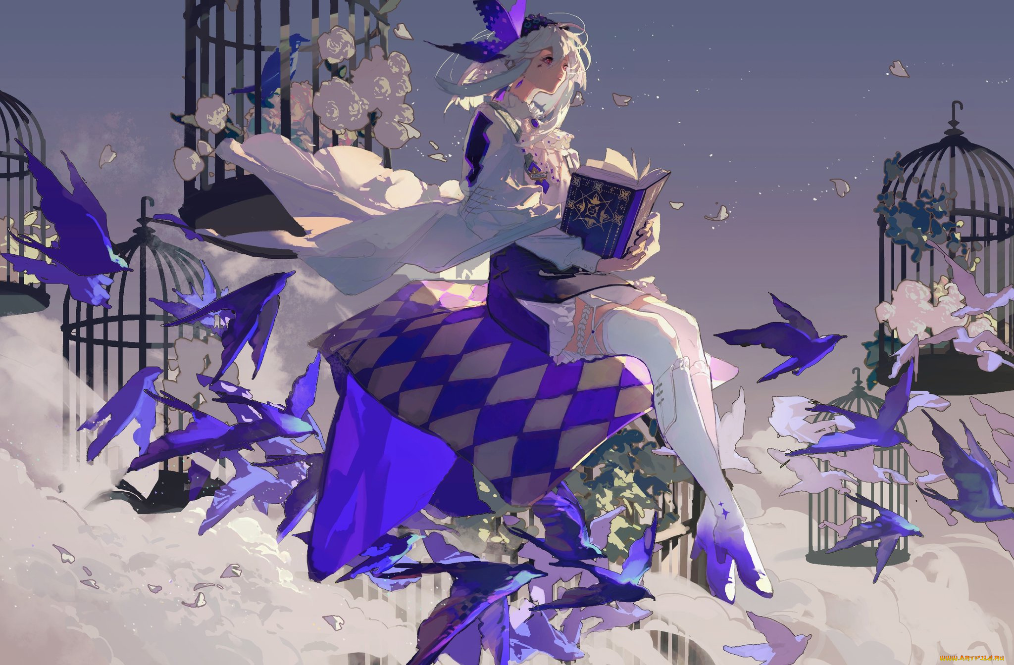 аниме, unknown, , другое, , девушка, птицы, клетки, книга, подушка, цветы