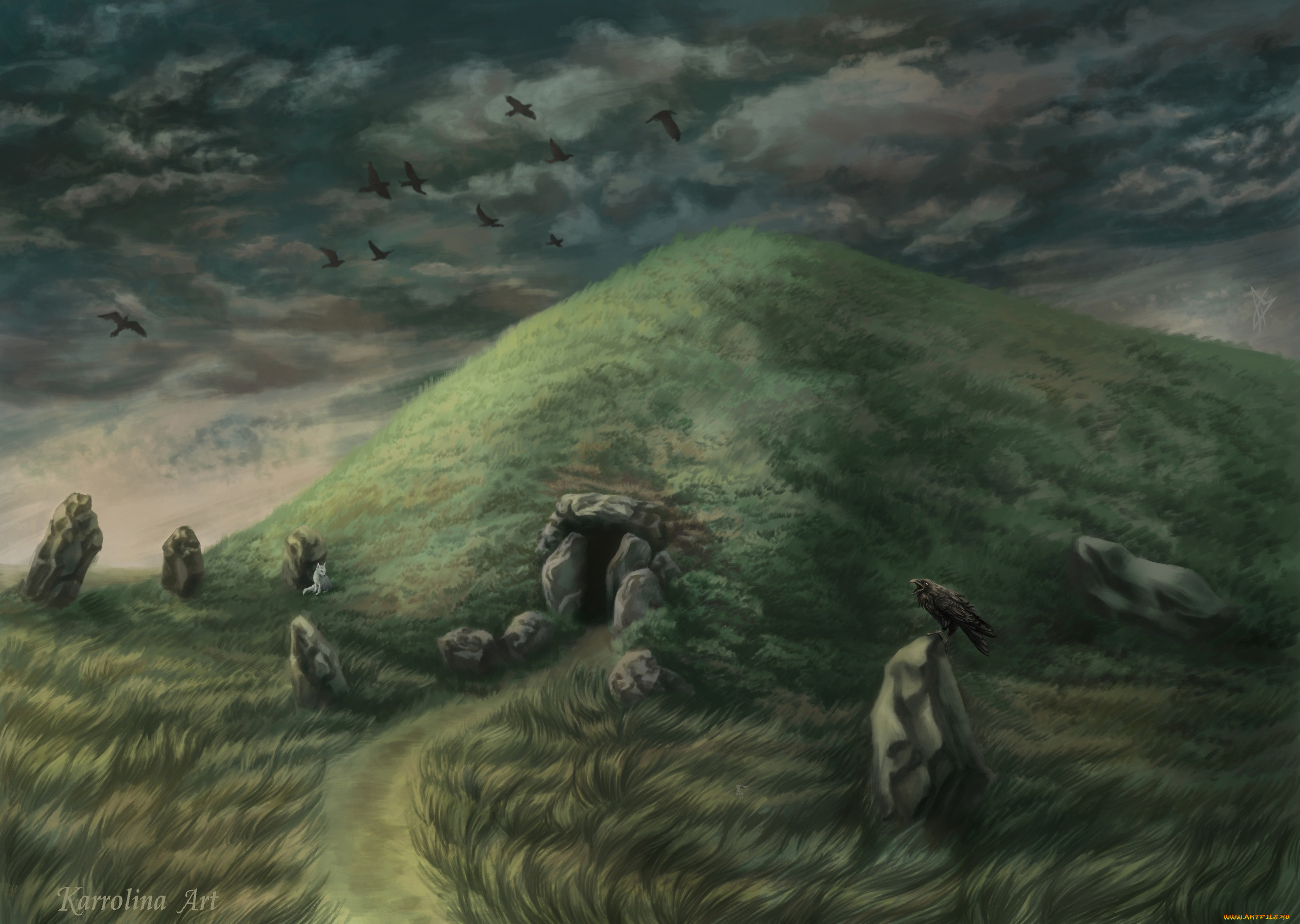 фэнтези, иные, миры, , иные, времена, курган, тропа, трава, камни, птицы, тучи