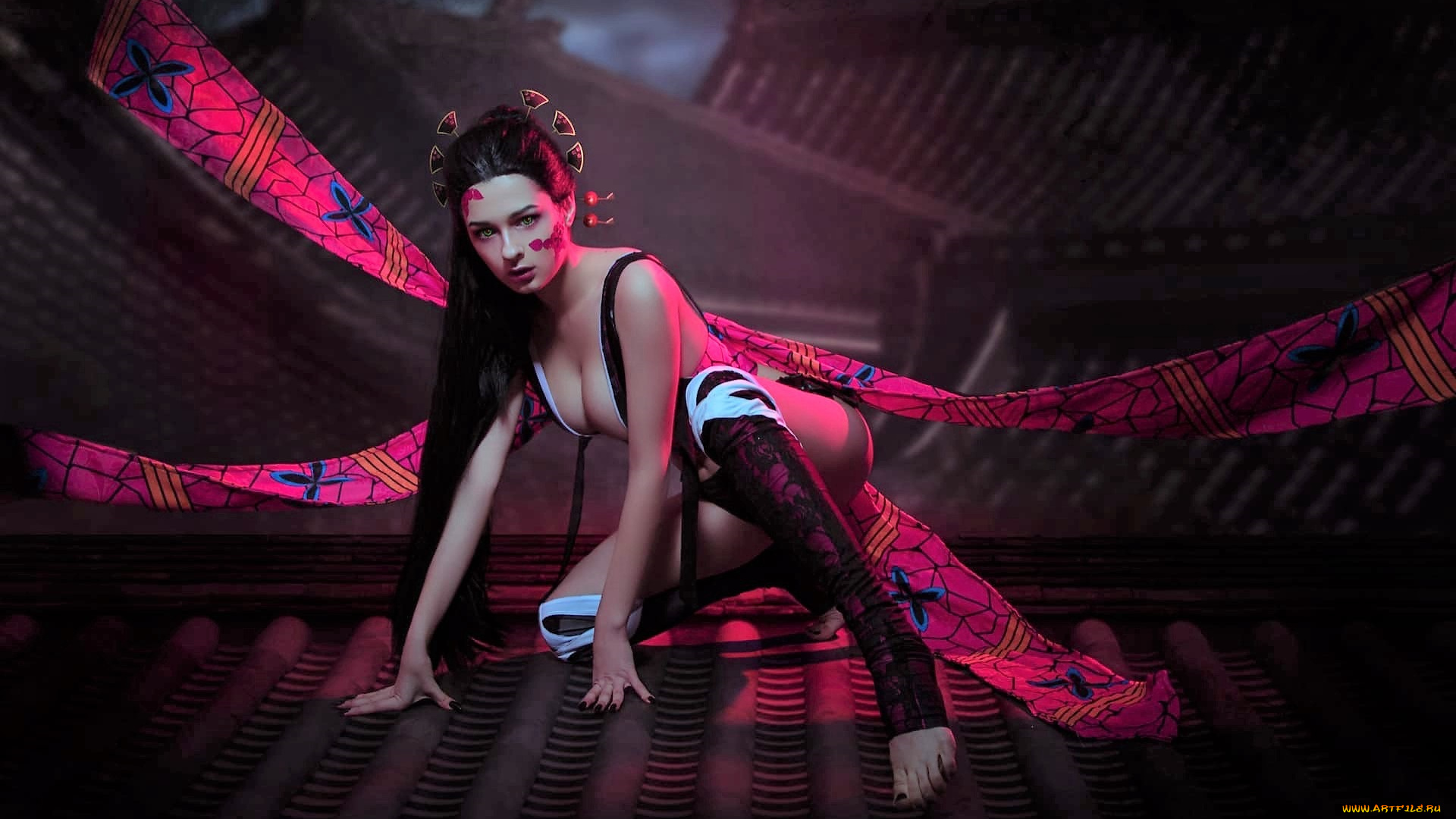 девушки, kurumirori, образ, костюм, ленты, крыши