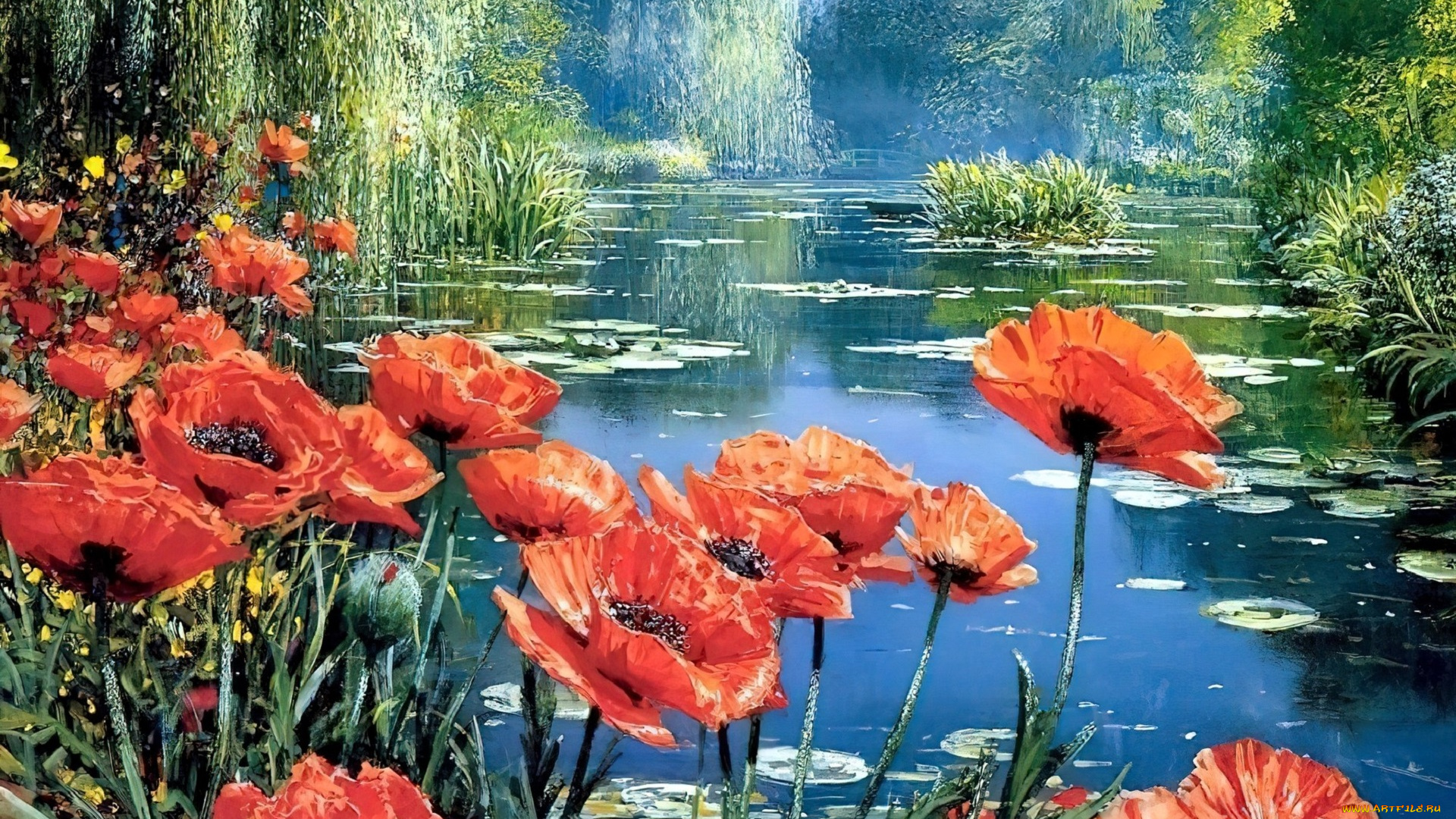 рисованное, цветы, лес, озеро, маки