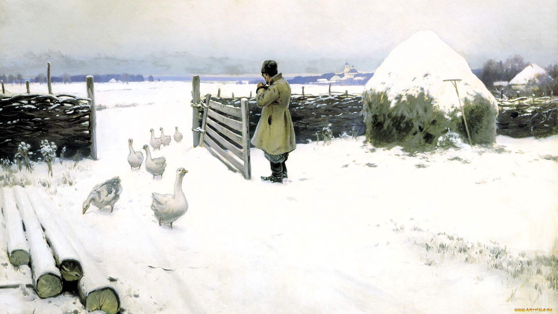 гермашев, михаил, -, снег, выпал, рисованное, живопись, забор, зима, снег, гуси, человек, сено