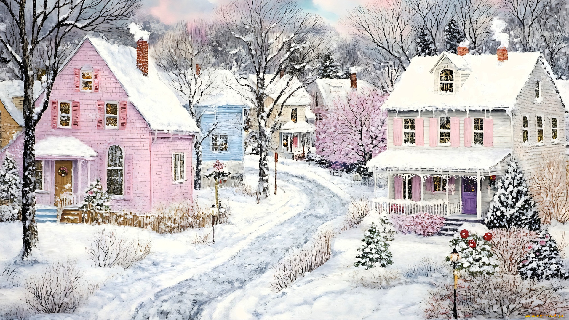 рисованное, живопись, дома, дорога, деревья, снег, зима