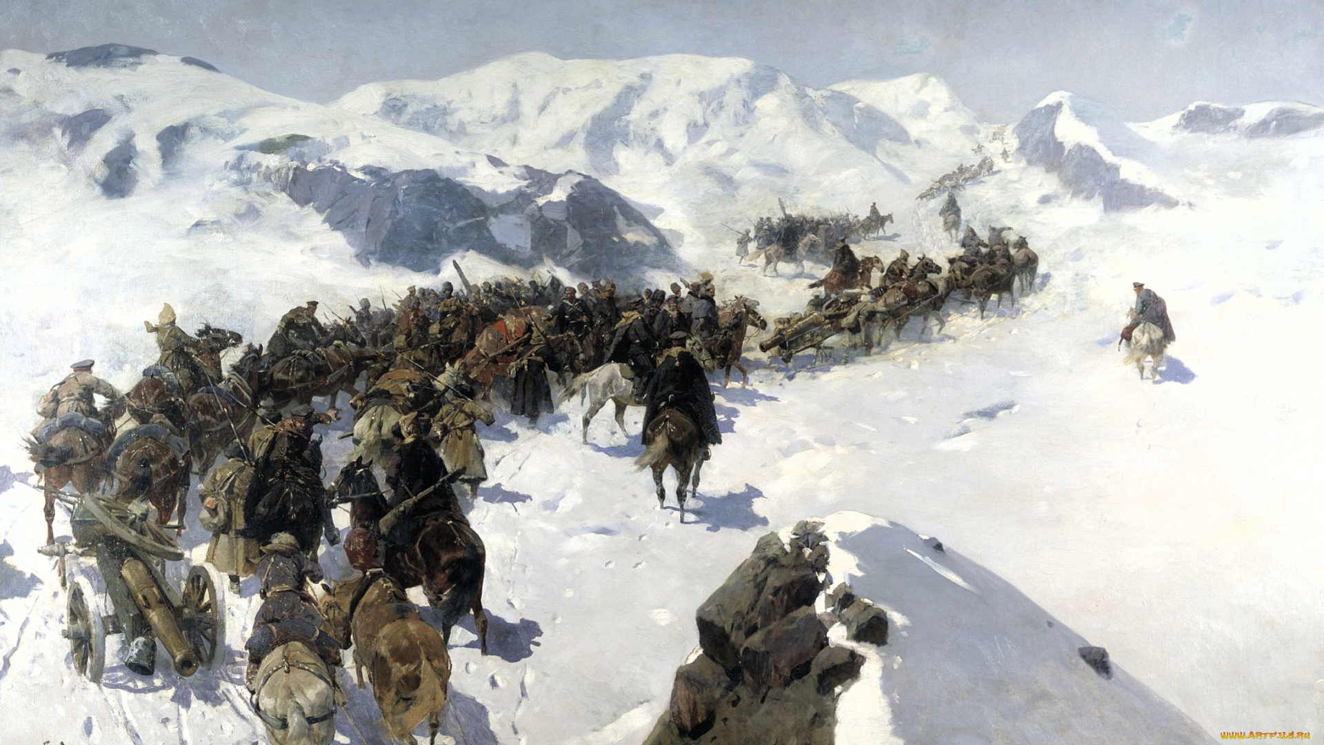 рубо, франс, -, переход, князя, аргутинского, через, кавказский, хребет, рисованное, франц, рубо, горы, снег, зима, войско