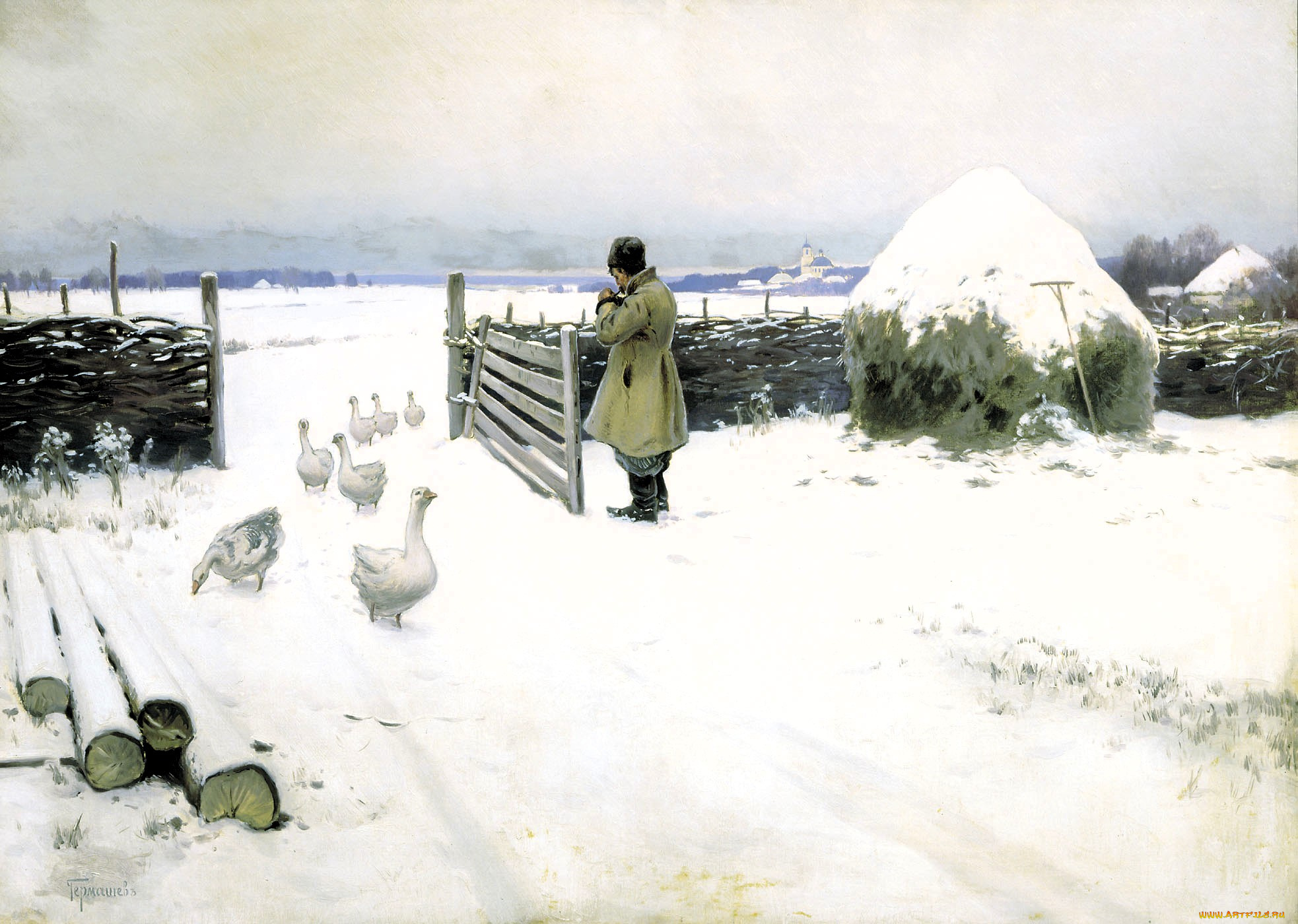 гермашев, михаил, -, снег, выпал, рисованное, живопись, забор, зима, снег, гуси, человек, сено