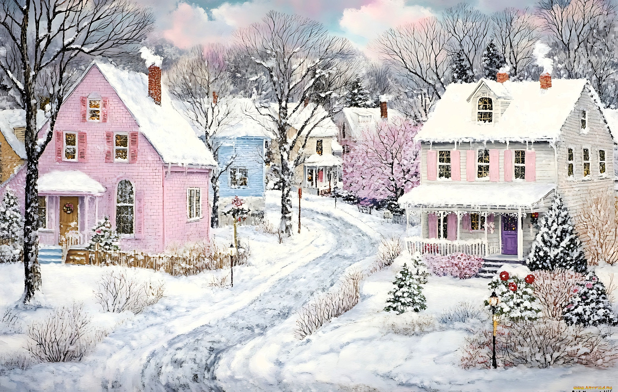 рисованное, живопись, дома, дорога, деревья, снег, зима
