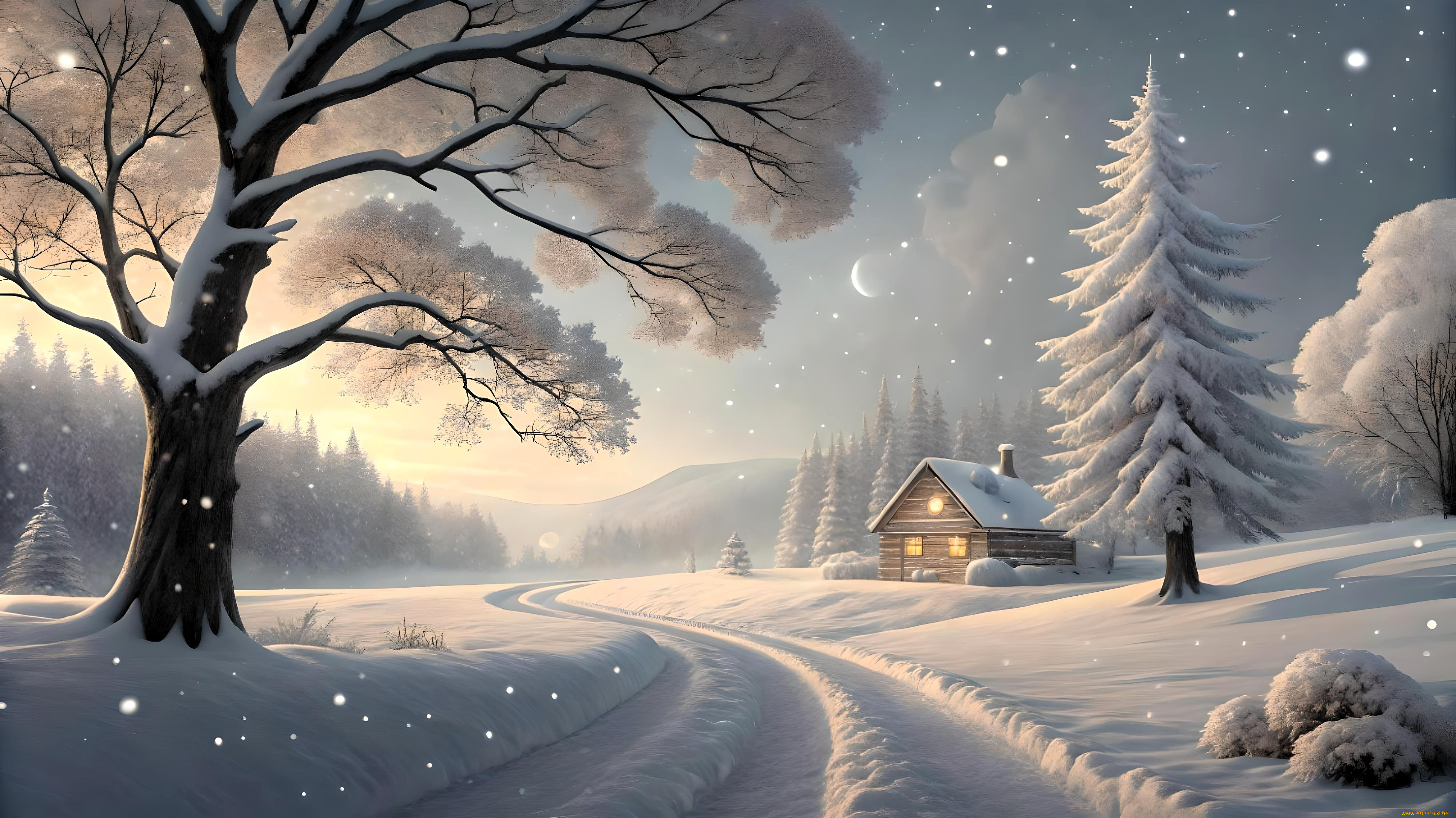 разное, компьютерный, дизайн, деревья, лес, снег, дорога, дом, зима