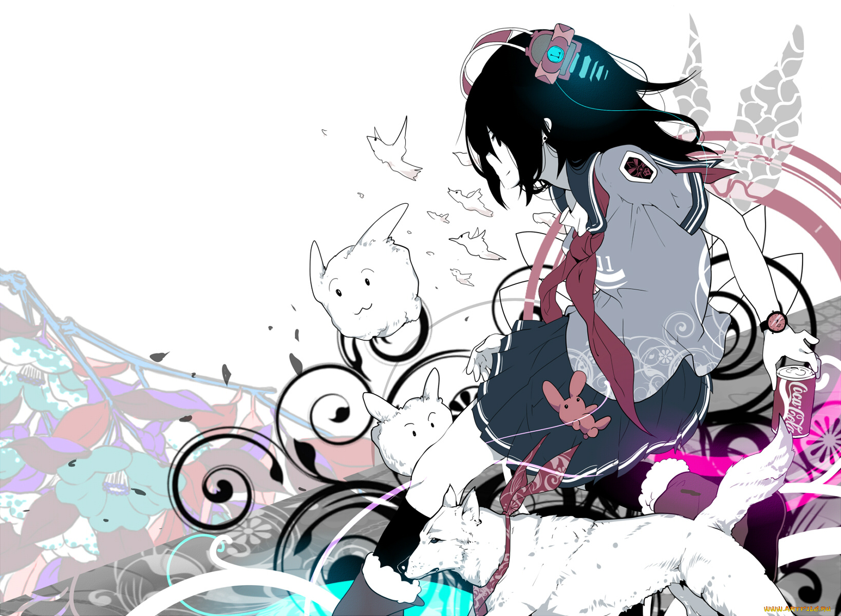 аниме, headphones, instrumental, девушка, собака, наушники