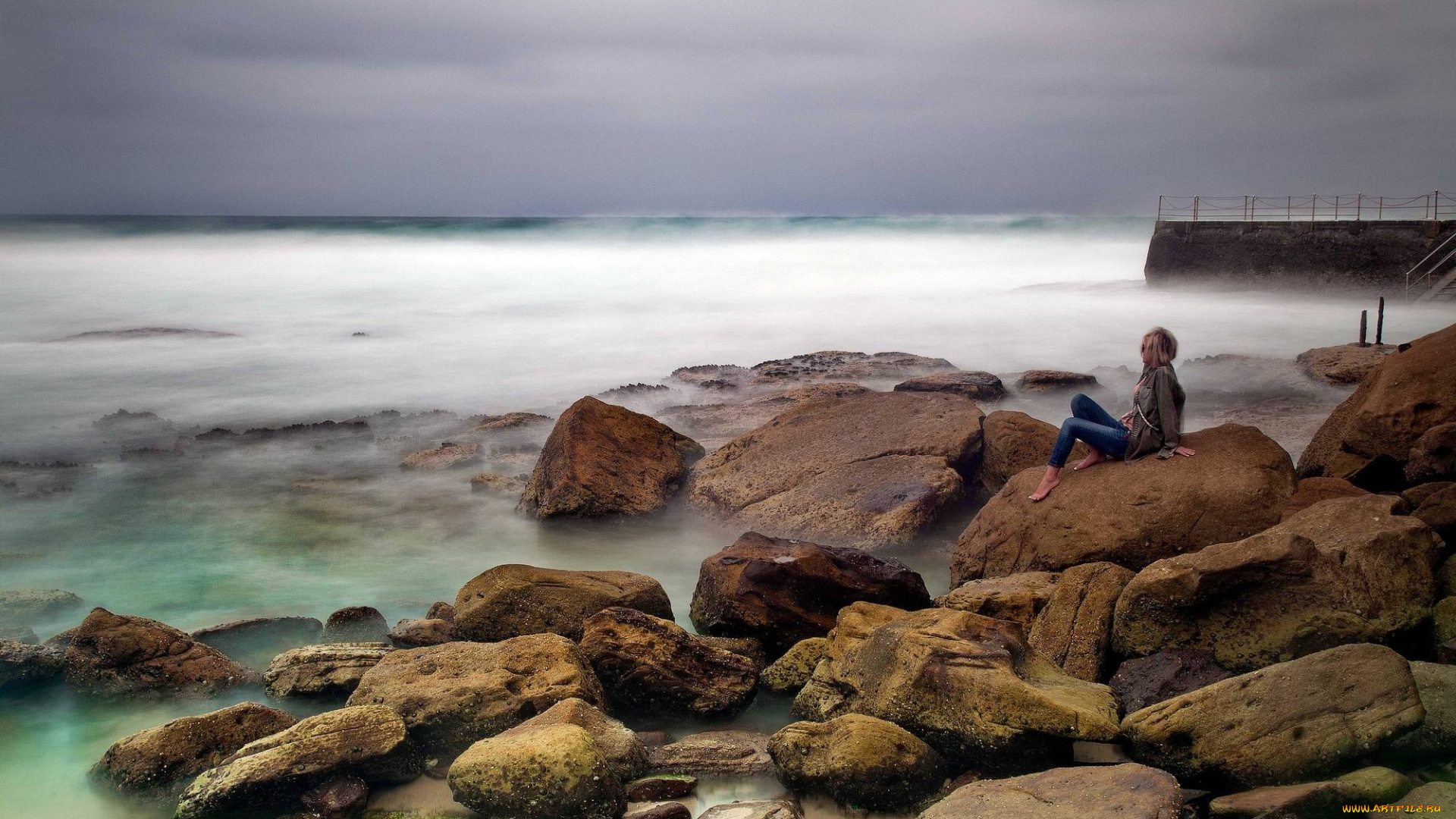 природа, побережье, море, вода, девушка, камни, океан