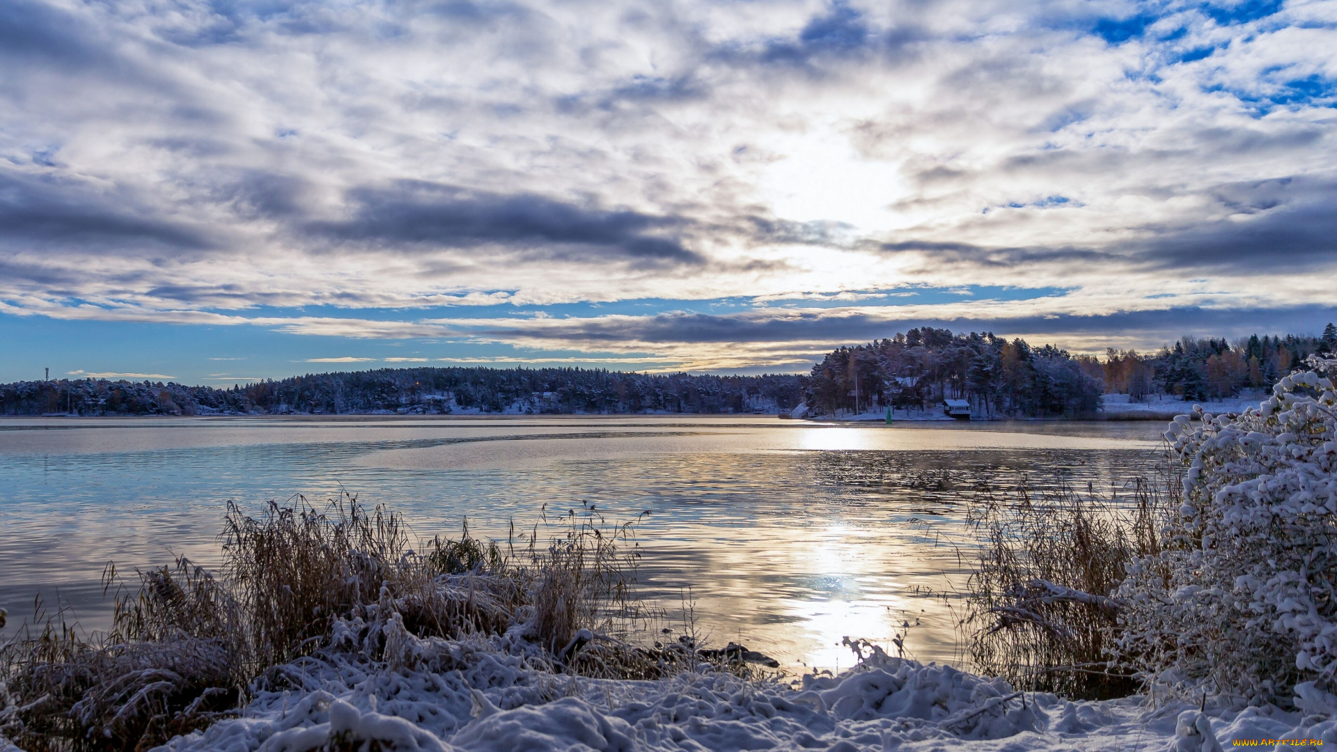 природа, побережье, зима, снег, балтийское, море, финляндия, облака