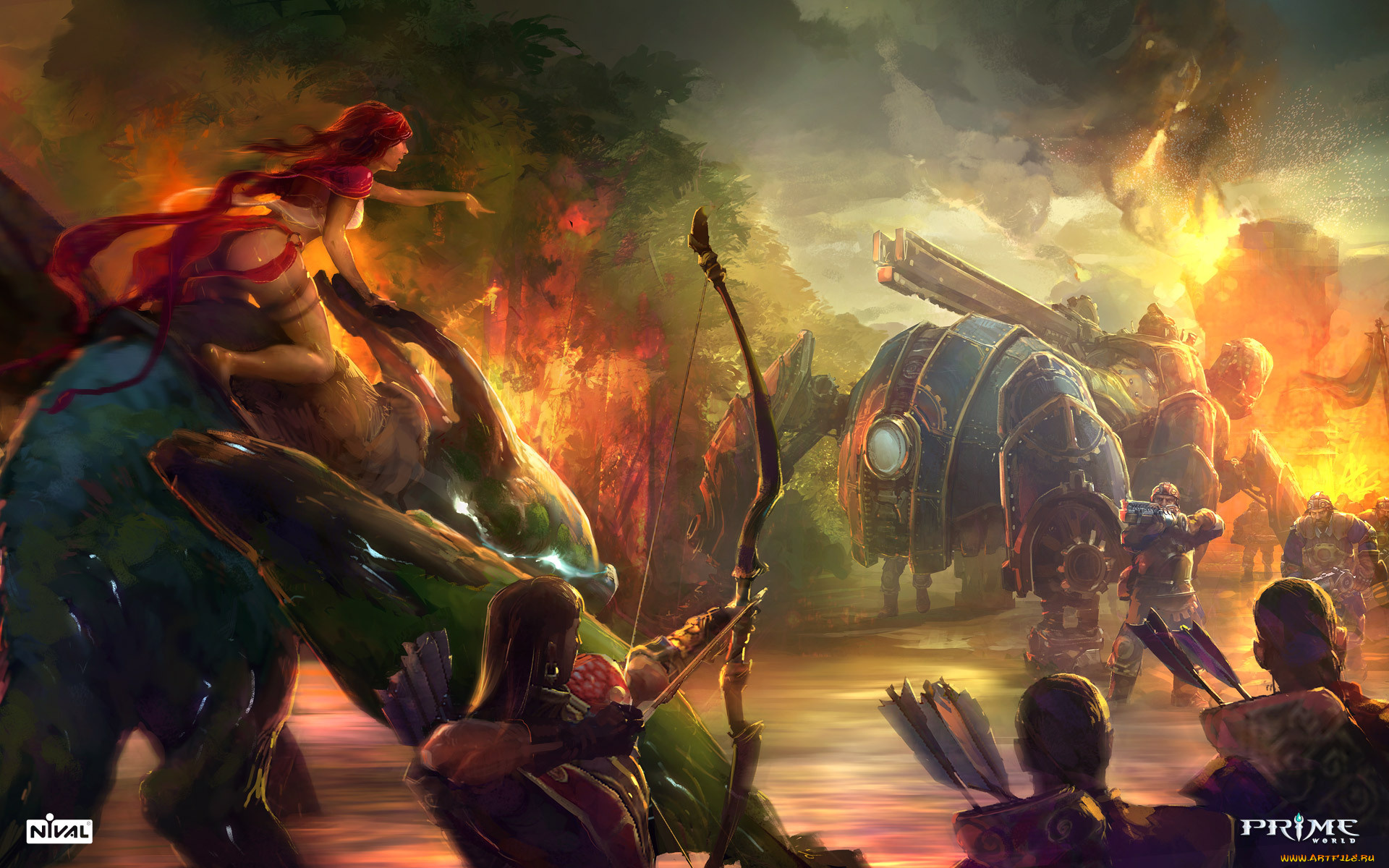 prime, world, видео, игры, лук, огонь, пожар, существа, девушка