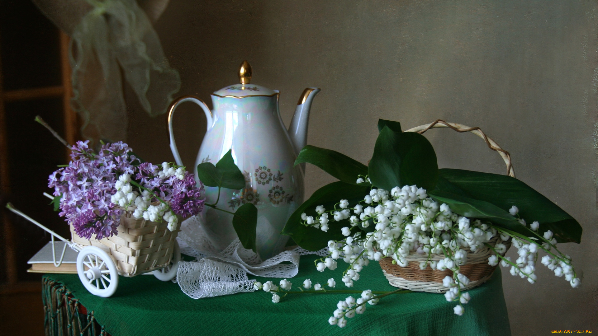 цветы, разные, вместе, чайник, сирень, ландыши