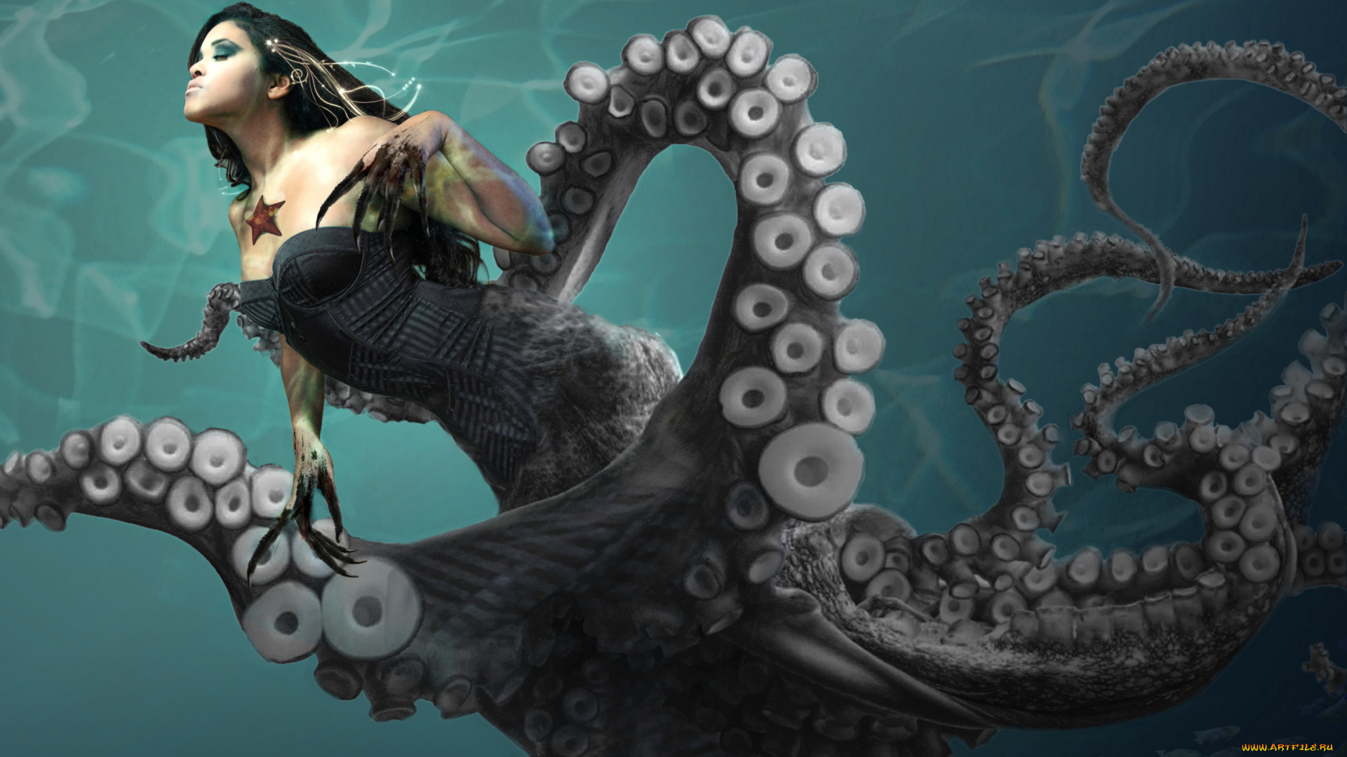 фэнтези, фотоарт, осьминог, девушка, море