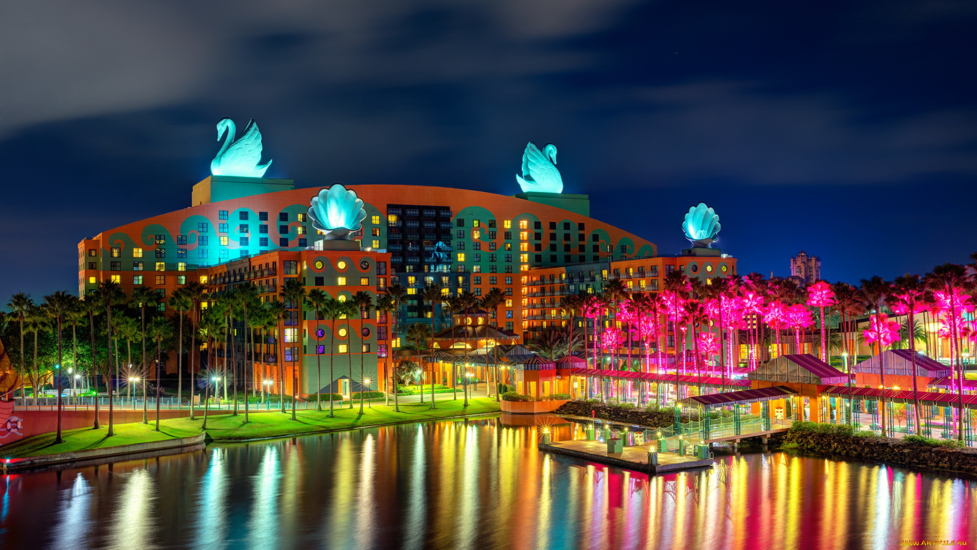 города, диснейленд, лебеди, здание