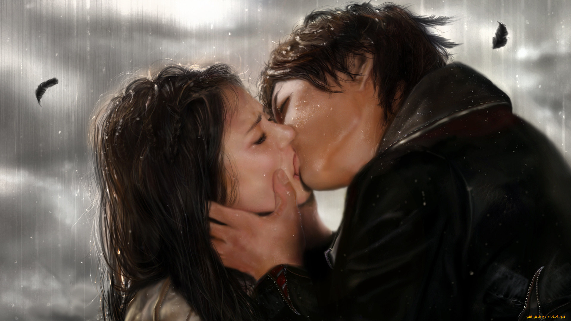 the, vampire, diaries, рисованные, кино, дождь, влюбленные, поцелуй, парень, девушка