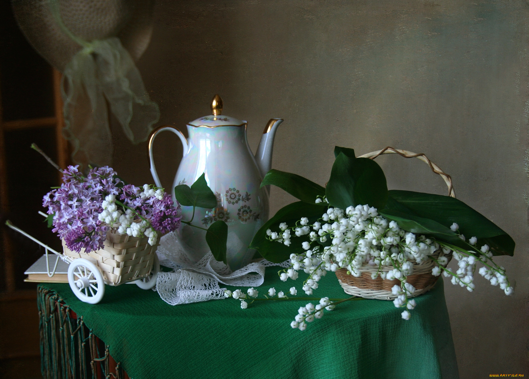 цветы, разные, вместе, чайник, сирень, ландыши