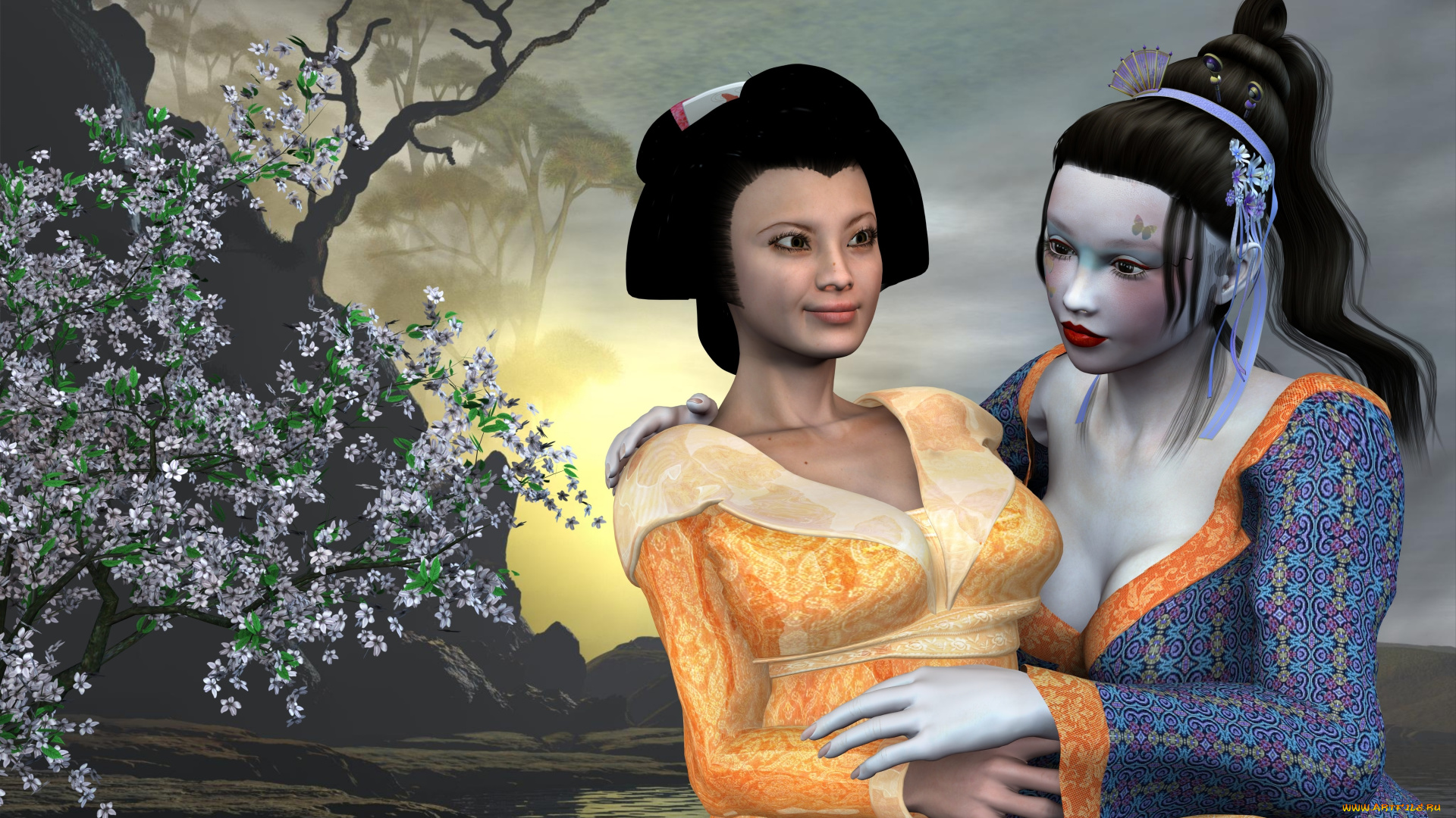 3д, графика, люди, , people, горы, сакура, фон, взгляд, девушки