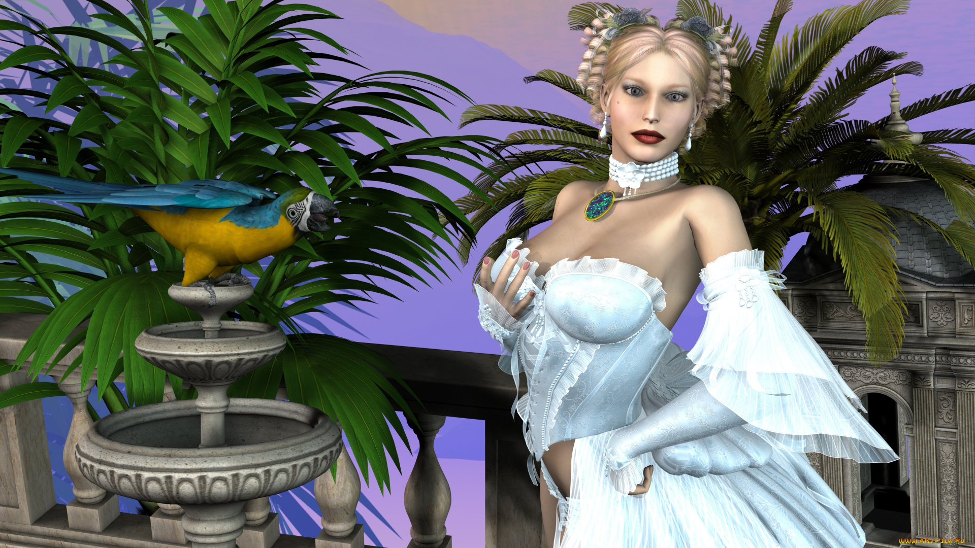 3д, графика, люди, , people, попугай, фон, взгляд, девушка
