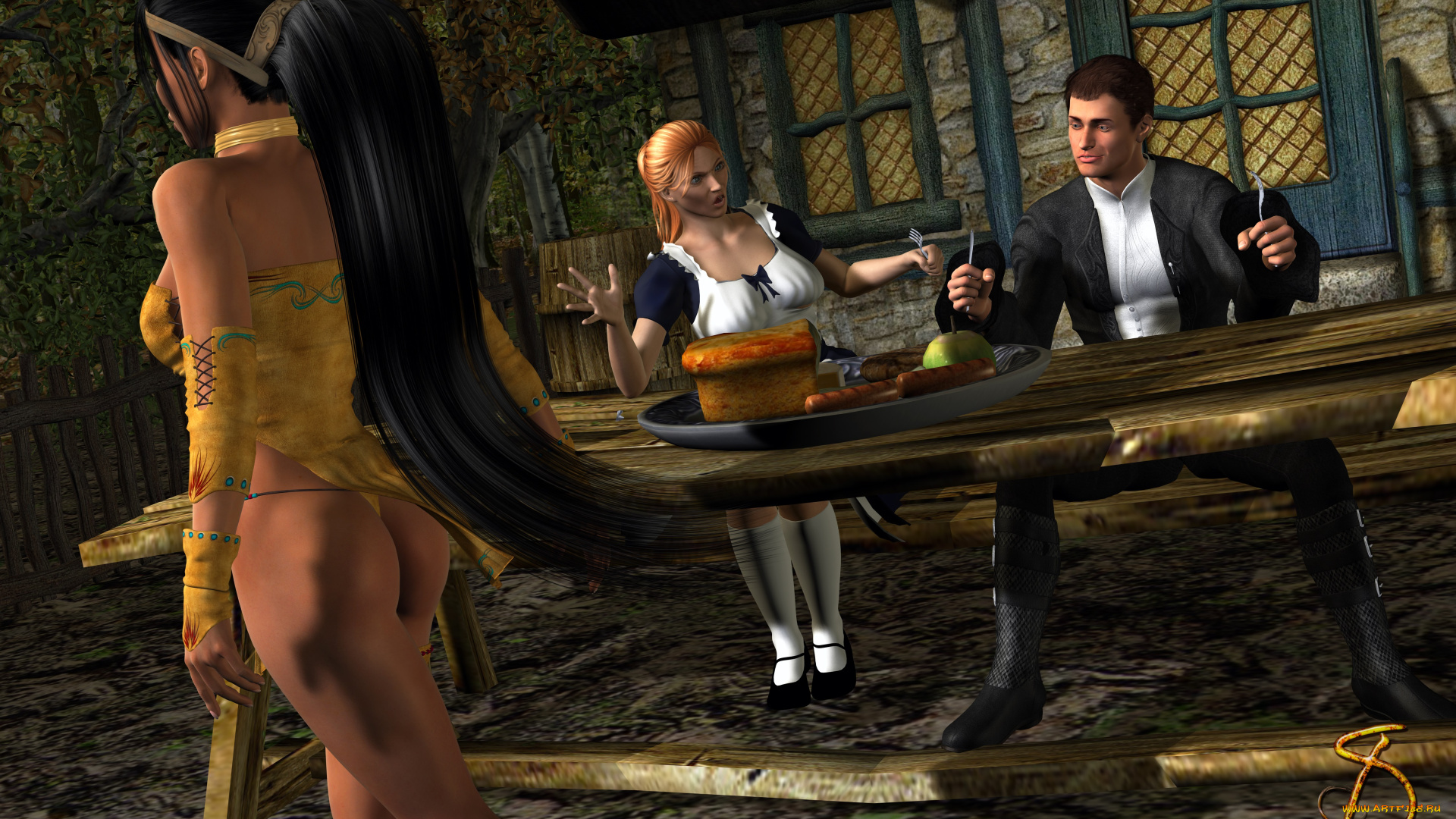 3д, графика, люди, , people, стол, мужчина, фон, взгляд, девушки