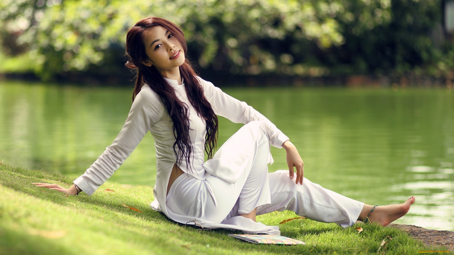 девушки, -unsort, , азиатки, девушка, настроение, лето, азиатка, вода, пруд, берег