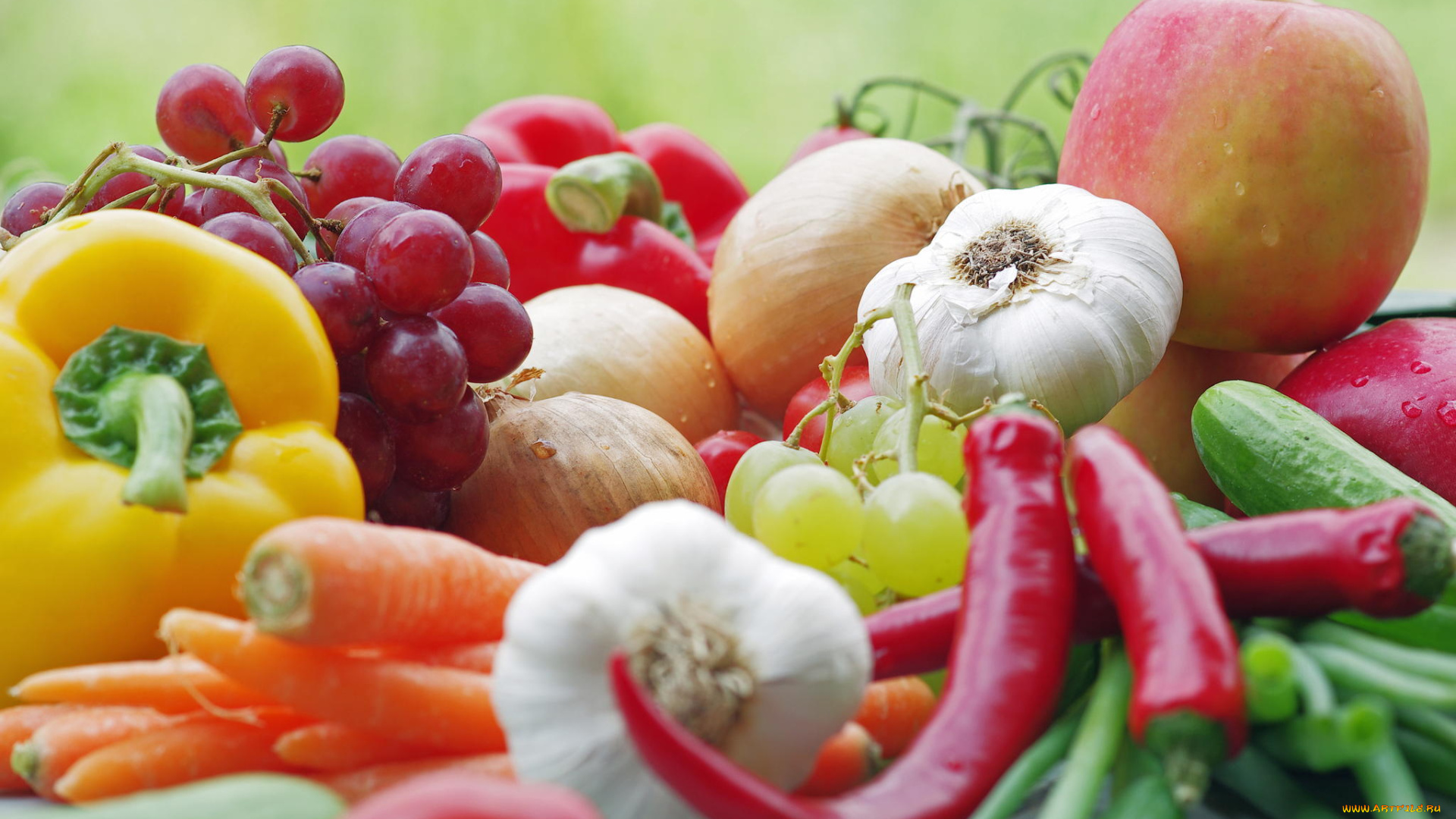 еда, фрукты, и, овощи, вместе, лук, яблоко, перец, виноград, фрукты, овощи, чеснок, помидор, макро