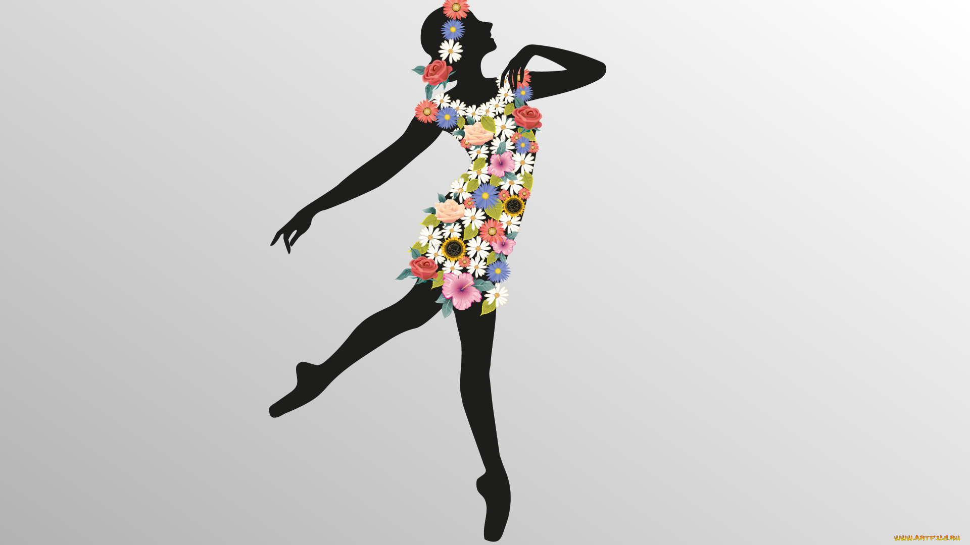 векторная, графика, девушки, танец, цветы, грация, силуэт, девушка, балерина