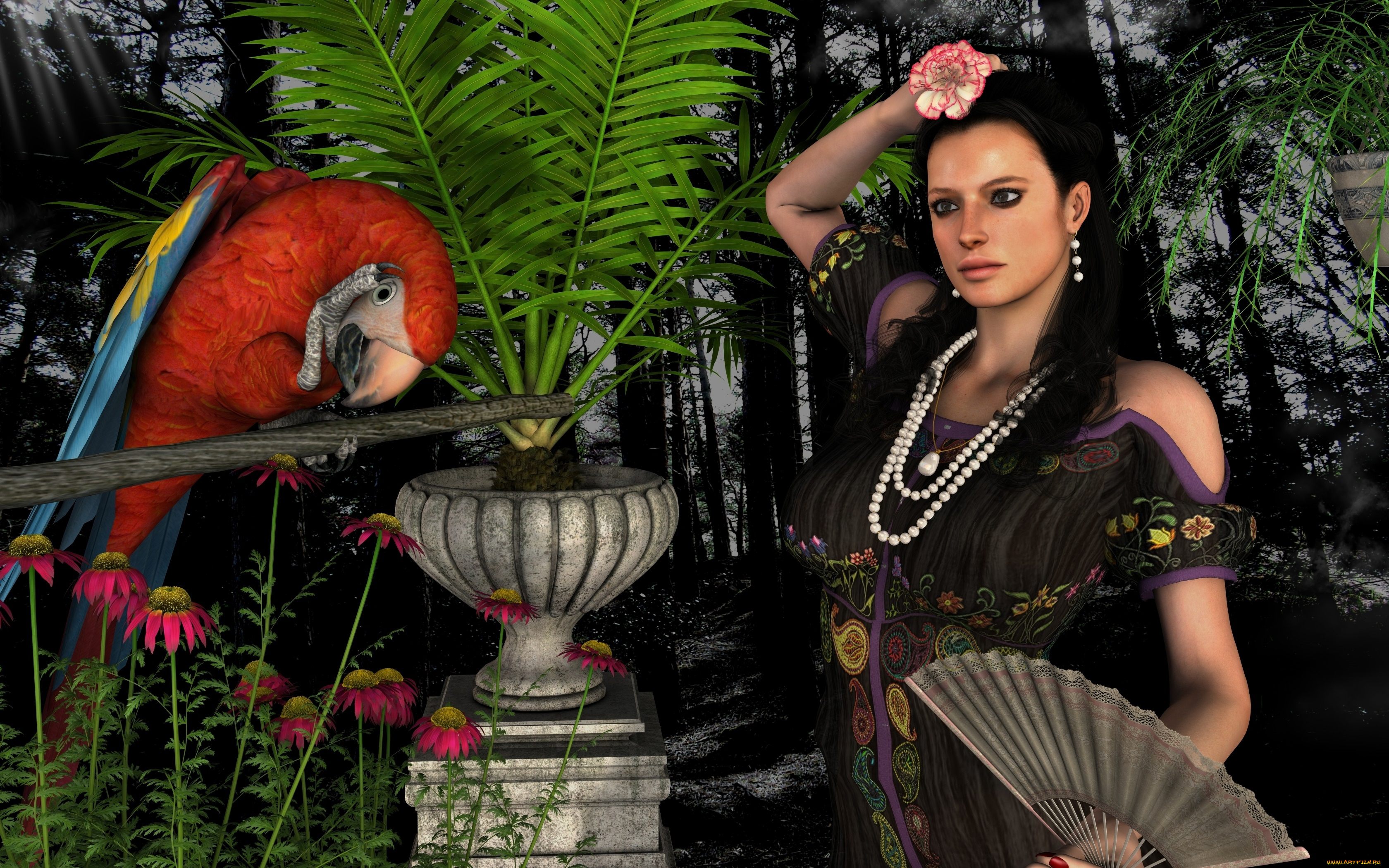 3д, графика, люди, , people, цветы, фон, взгляд, девушка, попугай