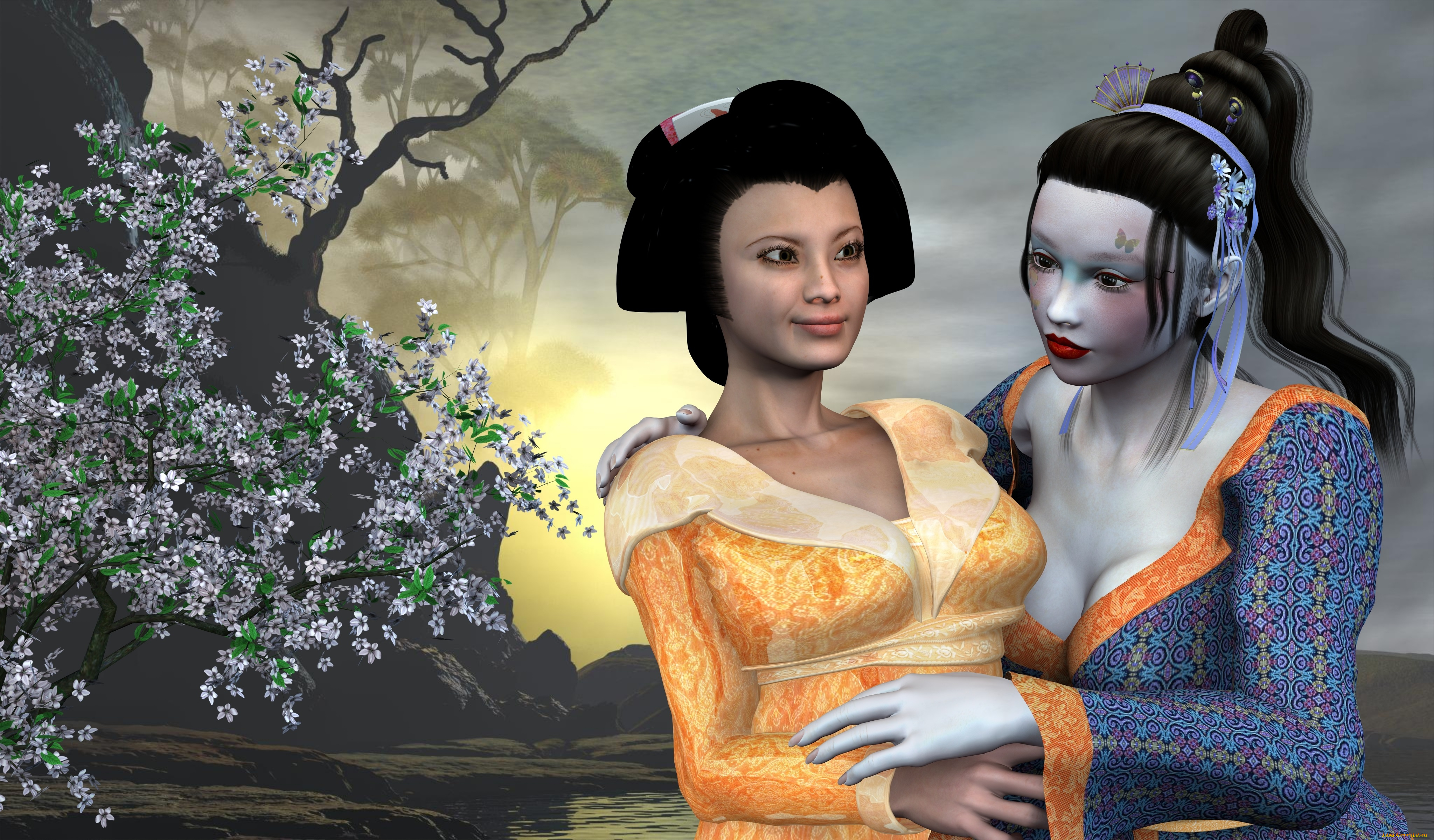 3д, графика, люди, , people, горы, сакура, фон, взгляд, девушки