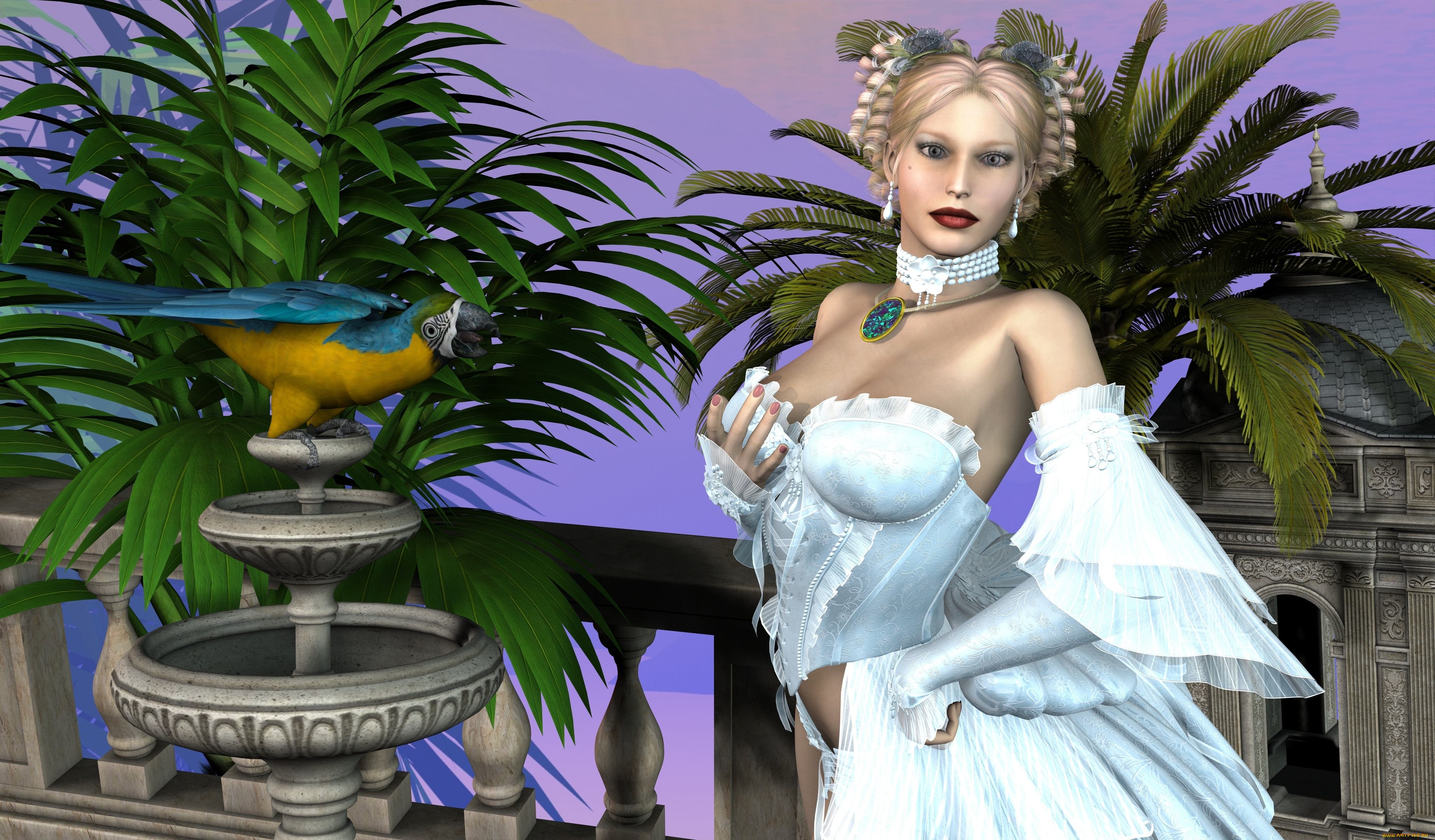 3д, графика, люди, , people, попугай, фон, взгляд, девушка