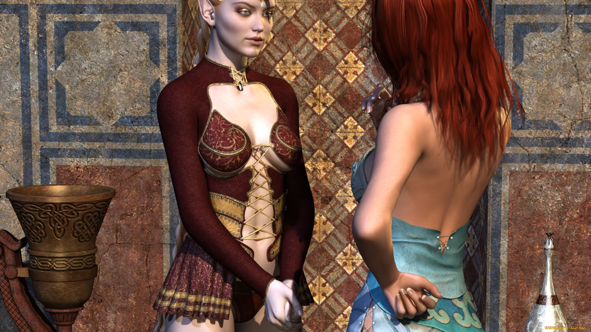 3д, графика, эльфы, , elves, эльфийки, взгляд, фон