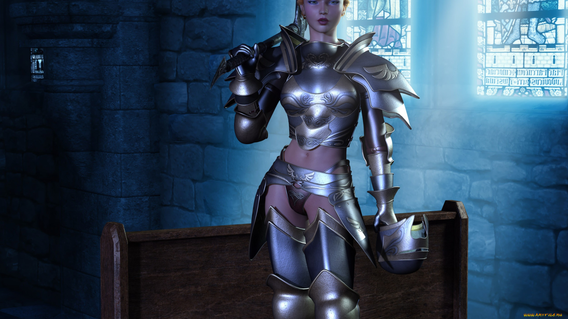 3д, графика, фантазия, , fantasy, девушка, фон, взгляд, оружие