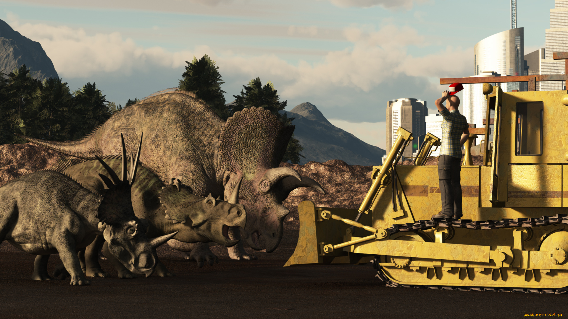 3д, графика, фантазия, , fantasy, мужчина, взгляд, фон, трактор, горы, динозавры