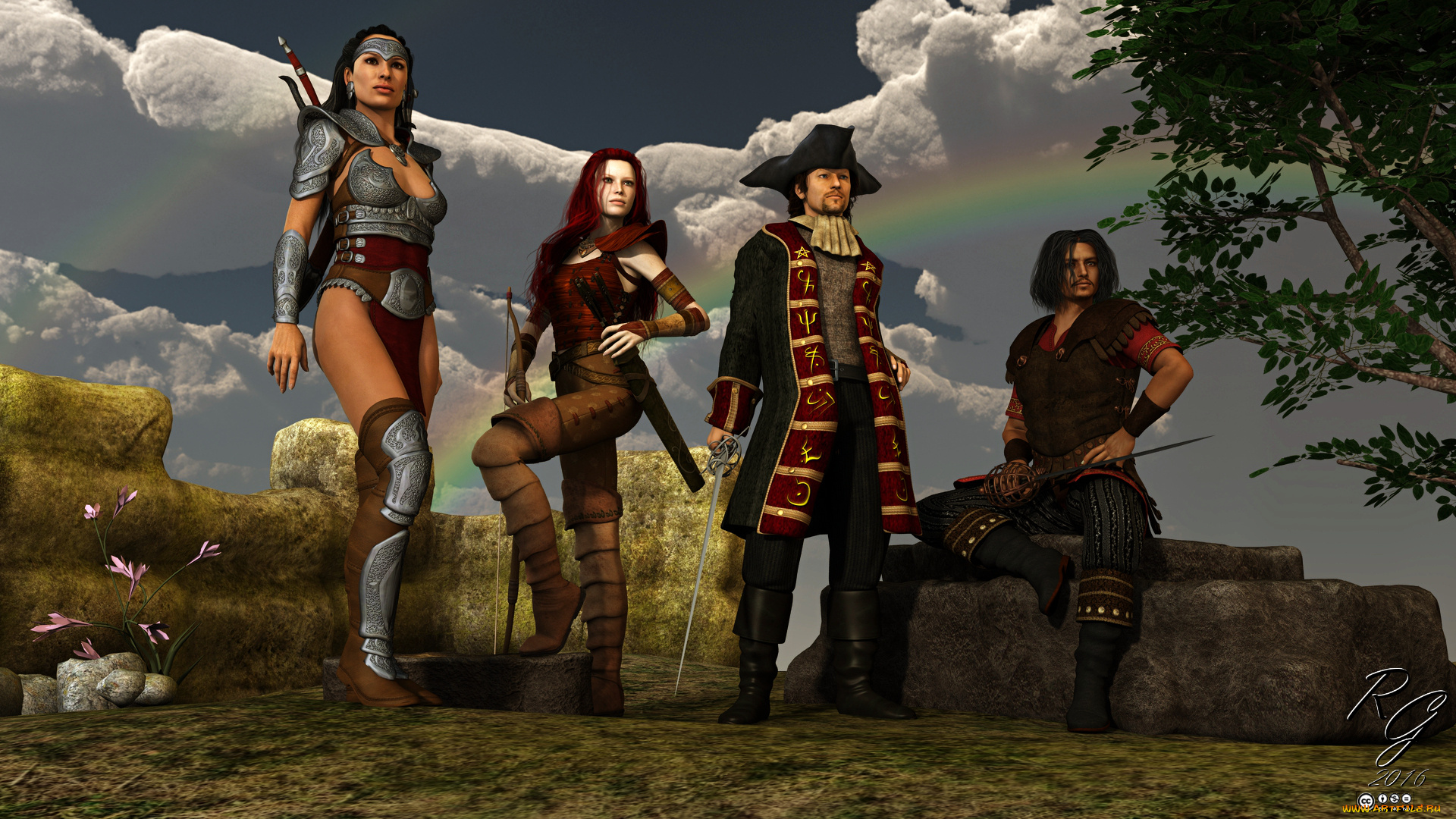 3д, графика, фантазия, , fantasy, взгляд, девушки, парни, оружие, фон