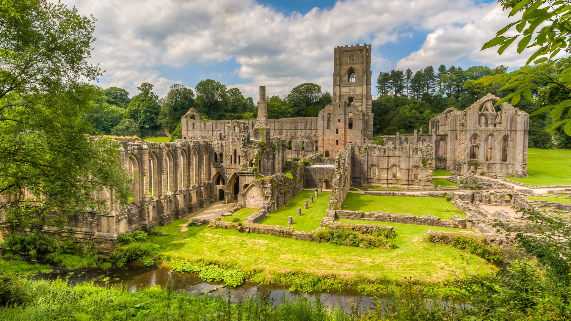 fountains, abbey, города, -, католические, соборы, , костелы, , аббатства, река, лес