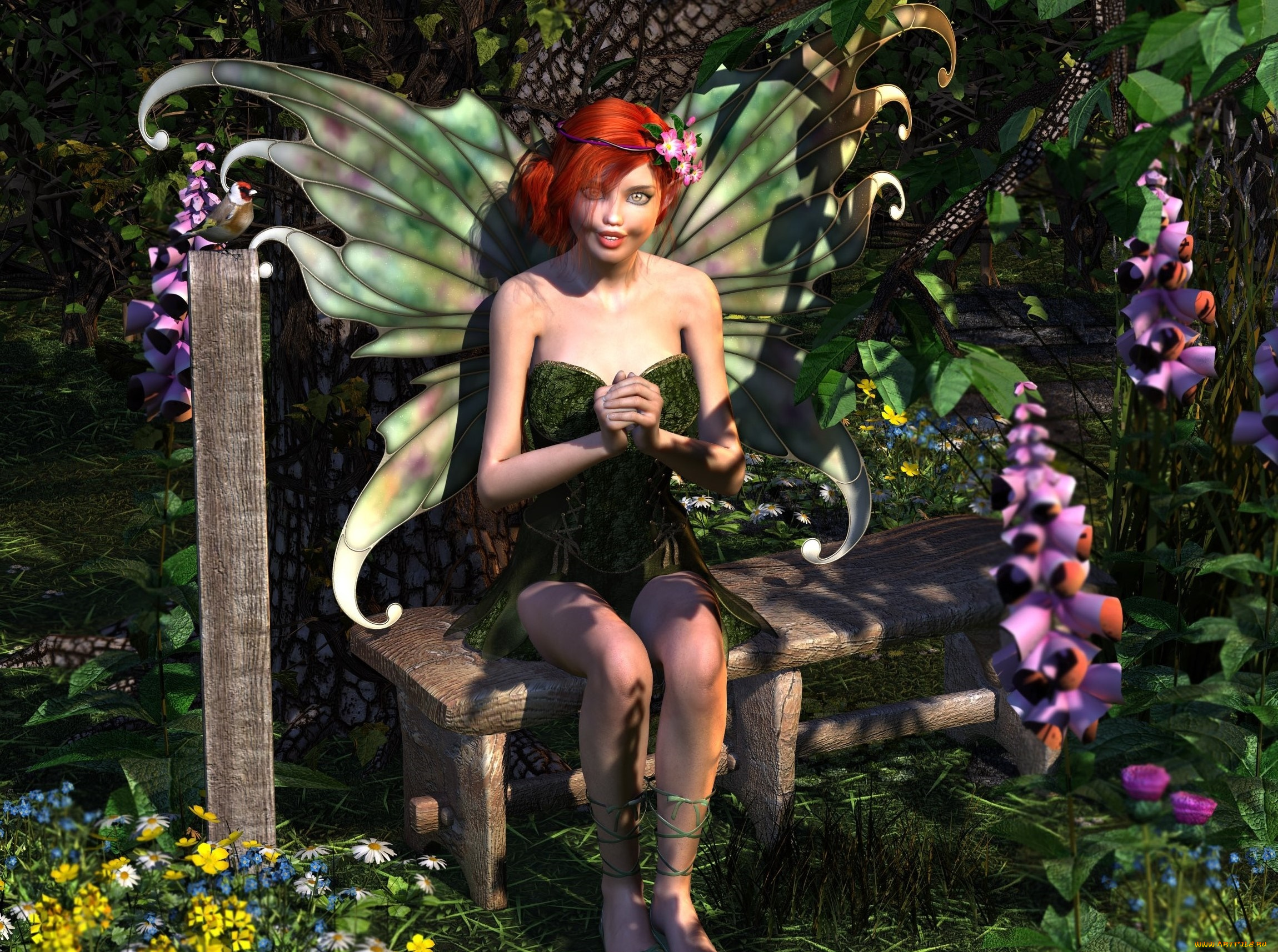 3д, графика, эльфы, , elves, фон, улыбка, цветы, фея, взгляд