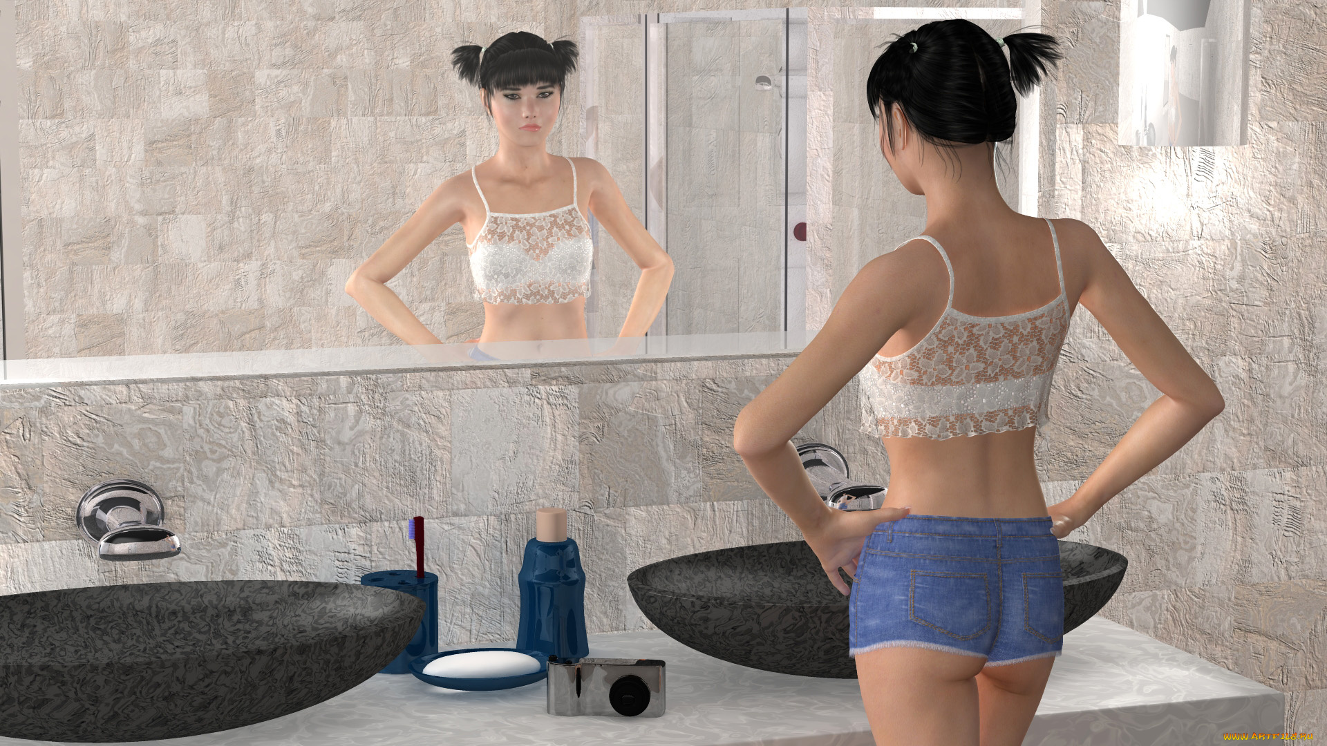 3д, графика, люди, , people, девушка, взгляд, фон, зеркало