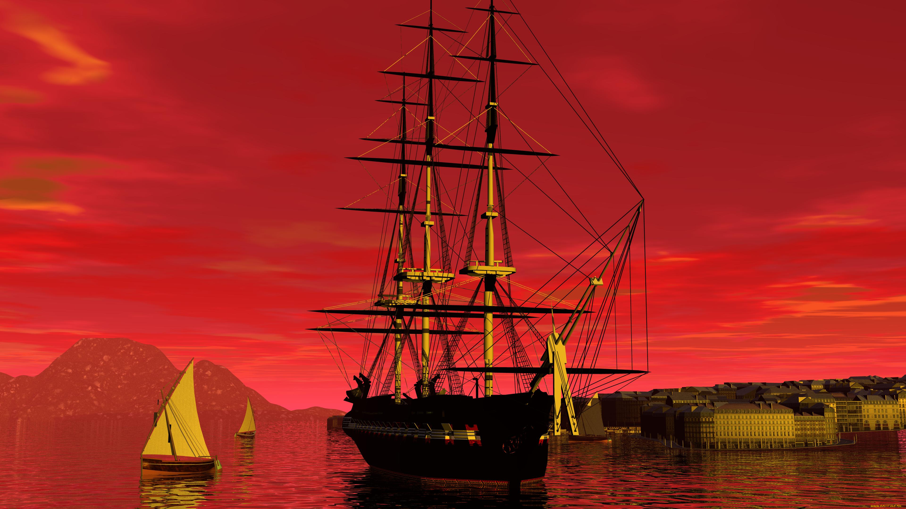 3д, графика, море, , sea, море, закат, парусники