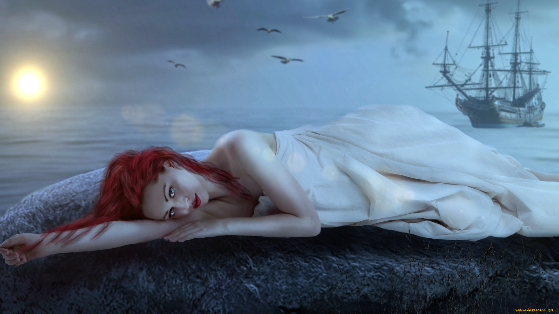 фэнтези, девушки, корабль, взгляд, фон, девушка