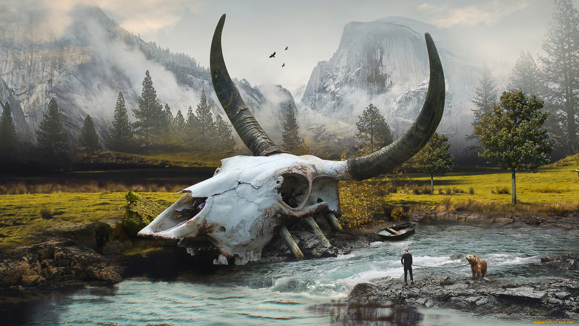 фэнтези, иные, миры, , иные, времена, речка, рога, череп, останки, человек, вода, долина, мир